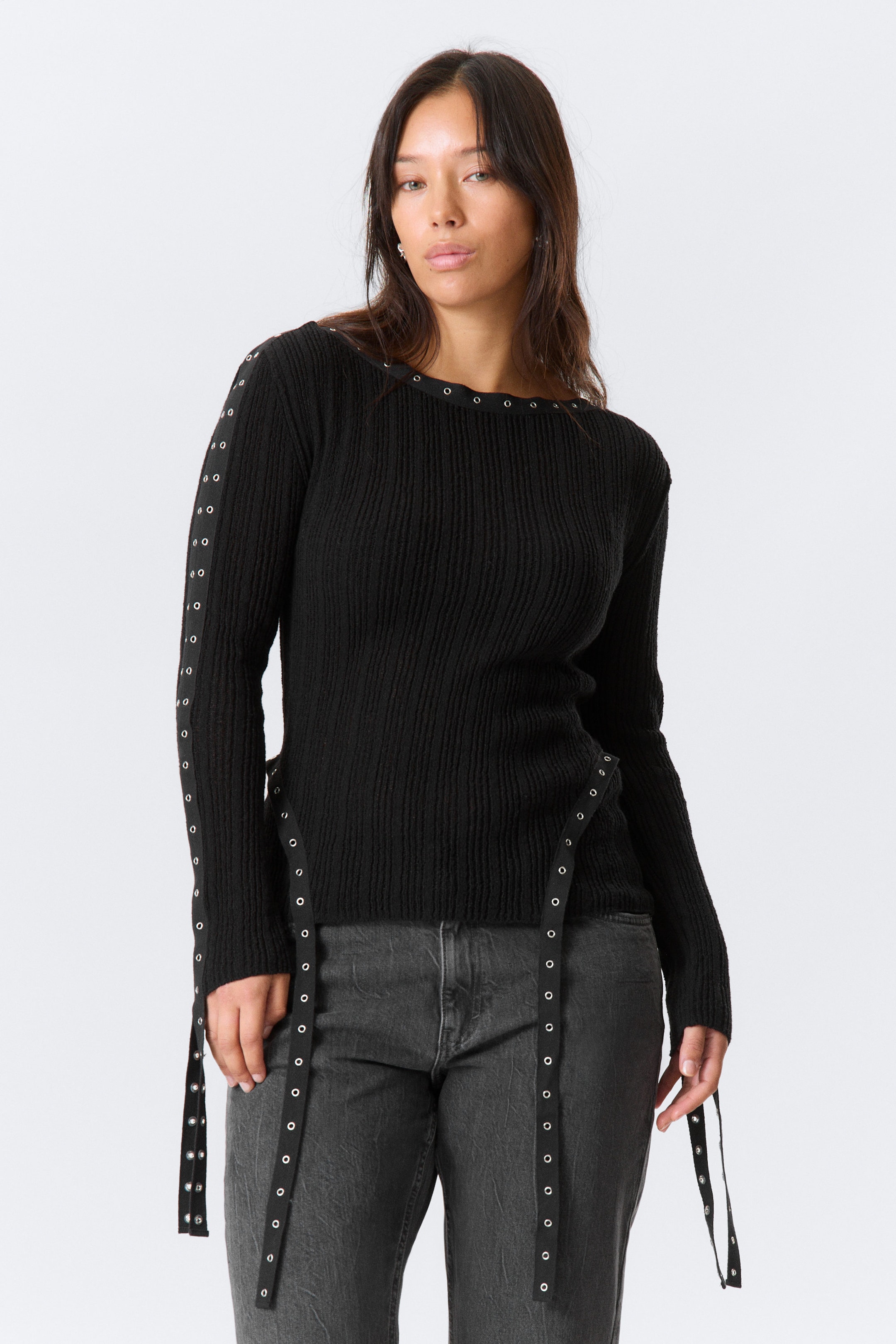 Black - Knitted Eyelet Detail Boat-Neck Top - 1