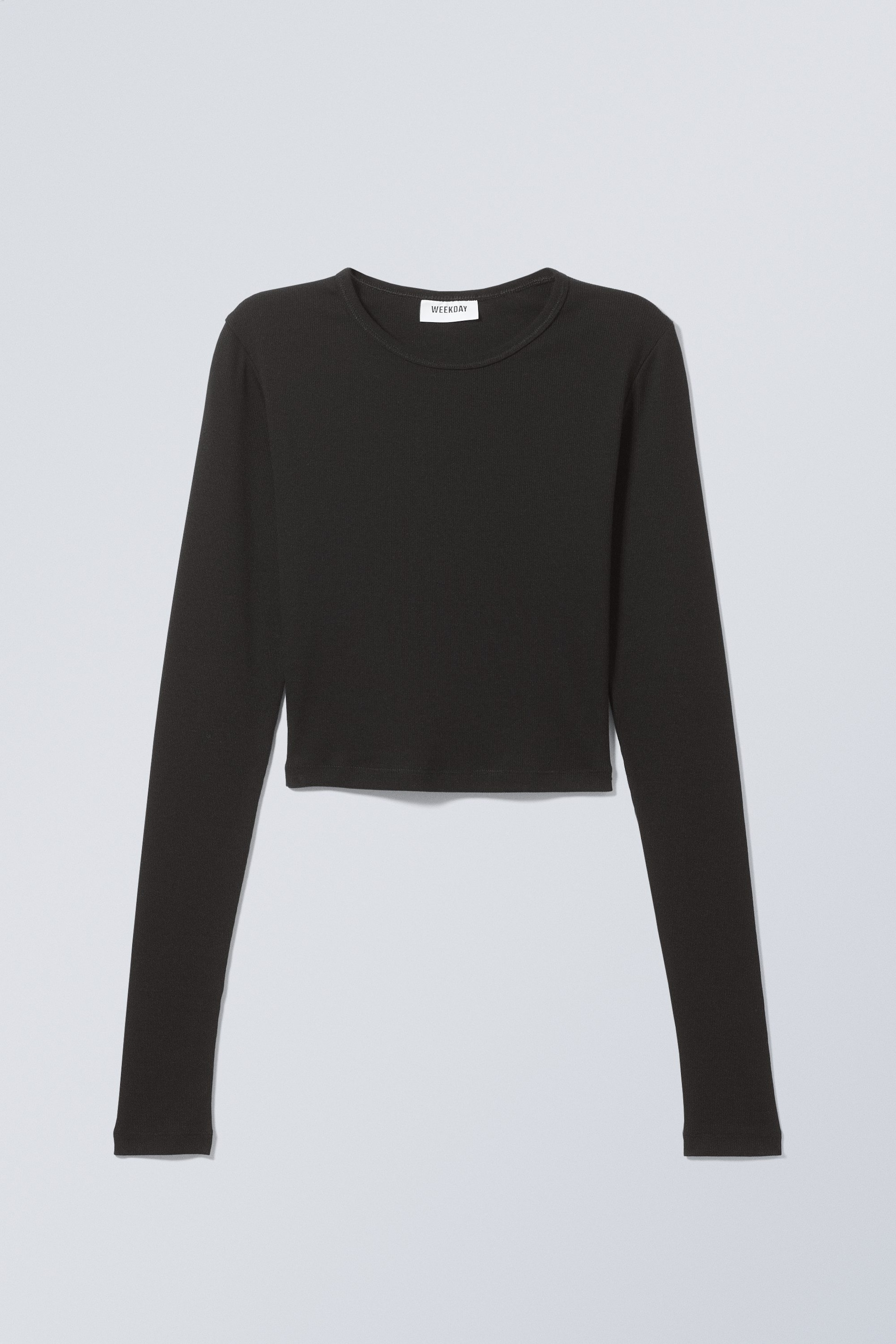 Black - Mini Rib Long Sleeve Crop Top - 0
