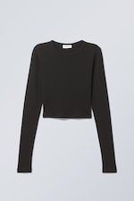 Black - Mini Rib Long Sleeve Crop Top - 0