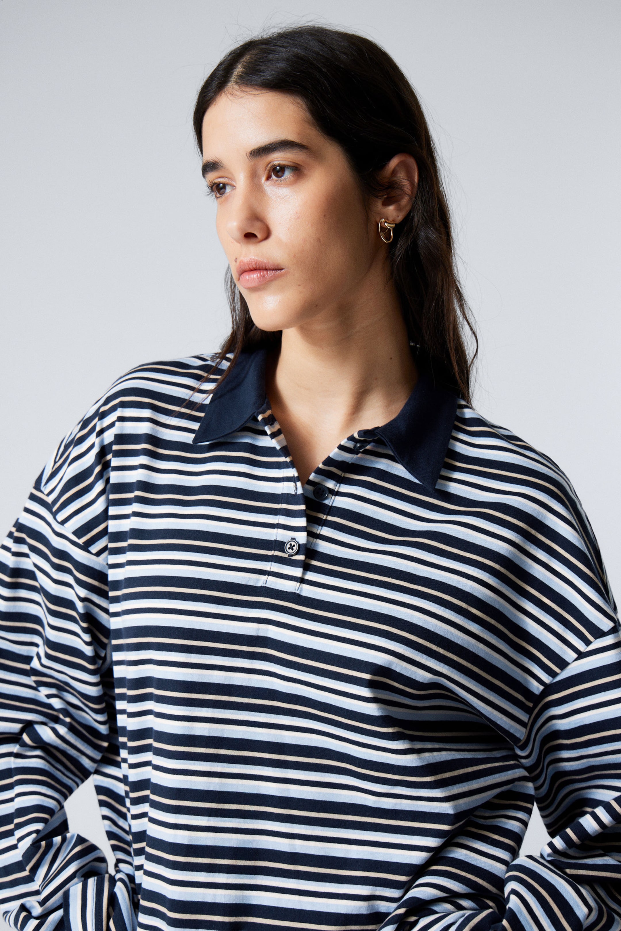Striped Dark Blue - Striped Oversized Polo Shirt - 2