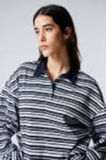 Striped Dark Blue - Striped Oversized Polo Shirt - 2