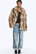 Beige/Brown Leopard Pattern - Faux Fur Jacket - 0