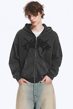 Noir délavé - Sweat à capuche zippé ample graphique - 0