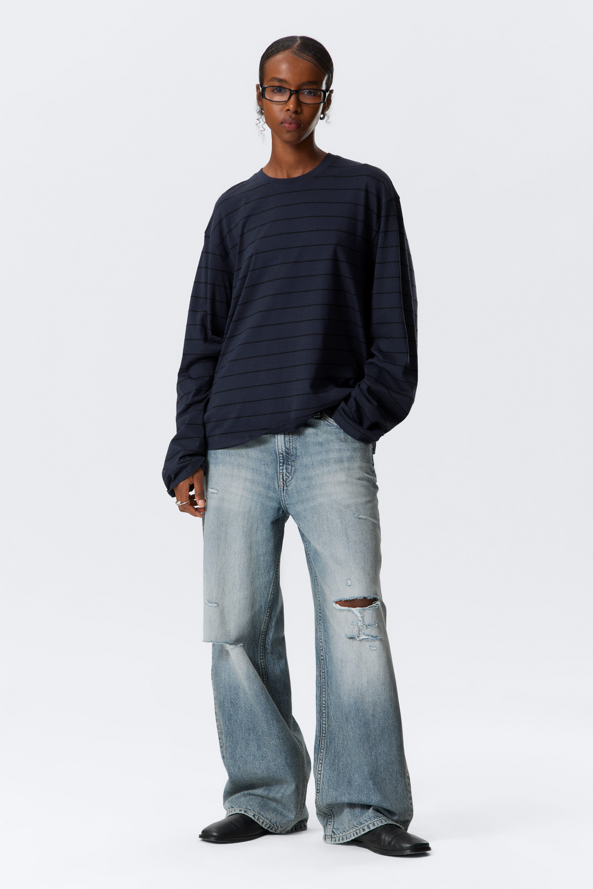 Striped Dark Blue - Long-Sleeved Boxy Cotton T-shirt - 2