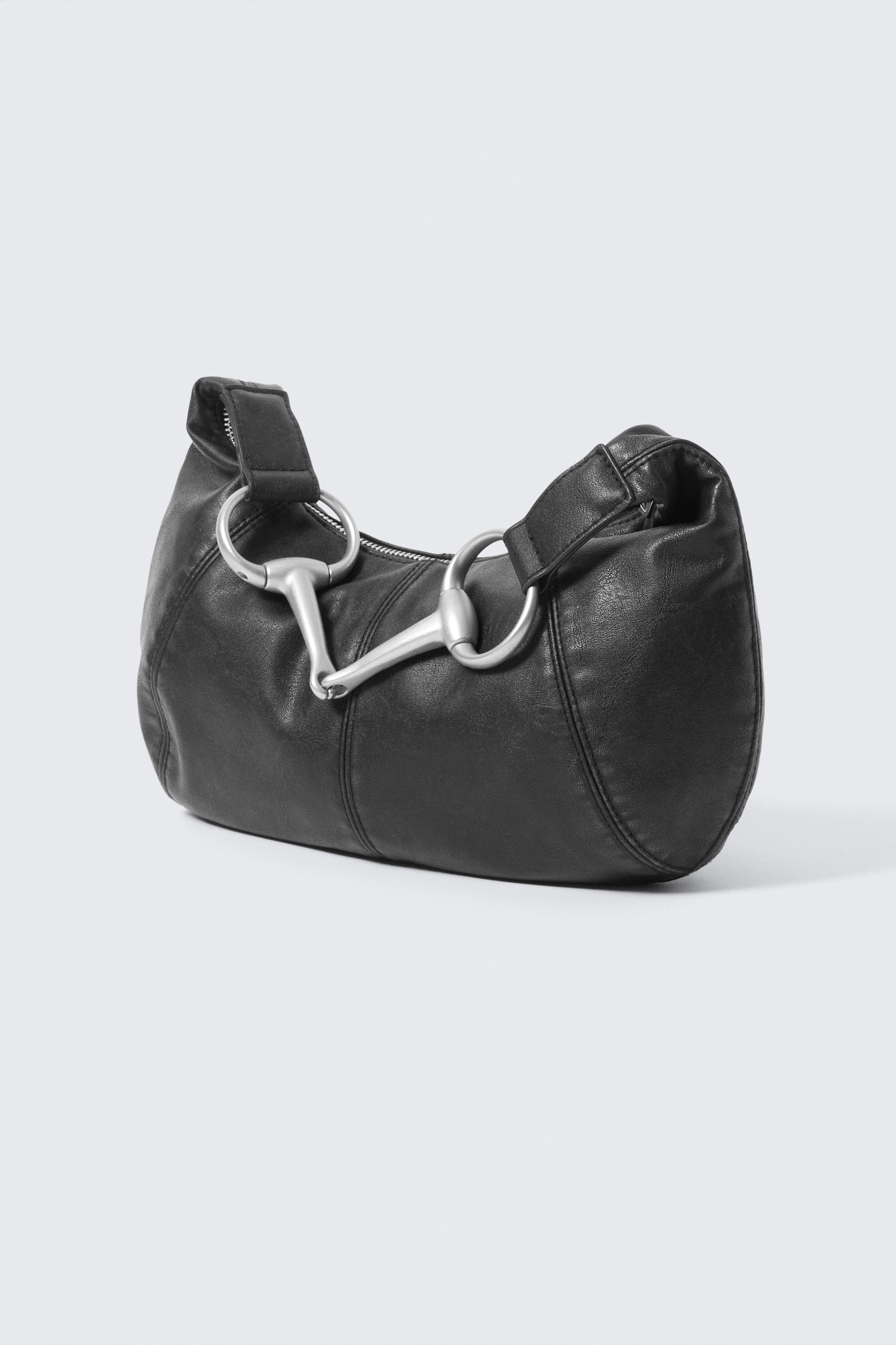 Black - Buckle-Handle Faux Leather Hand Bag - 2