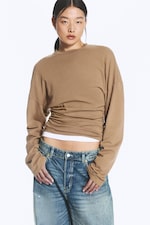 Dark Beige - Pleated Long-Sleeved Top - 1