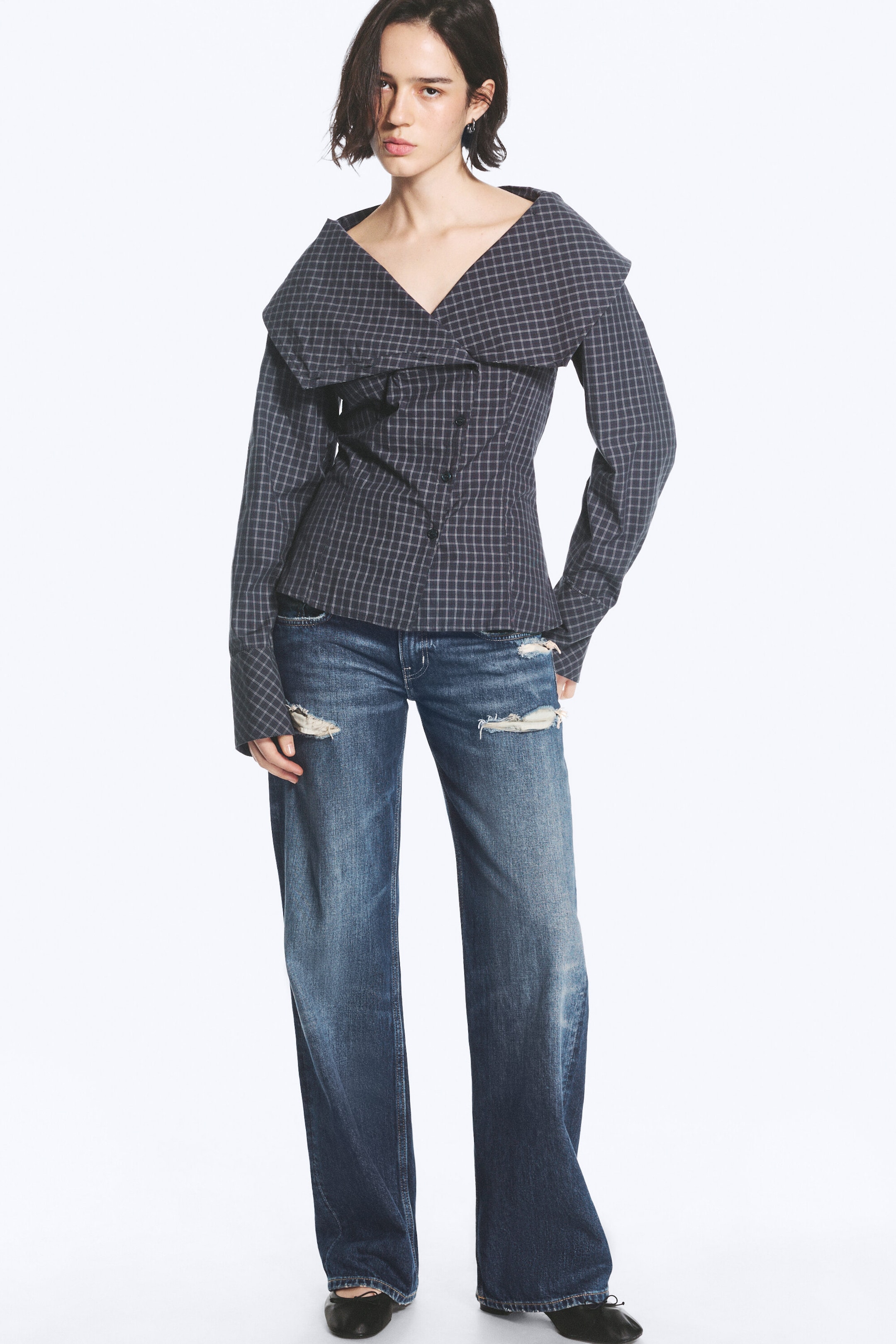 Checked Dark Blue - Asymmetric Buttoned Funnel top - 5