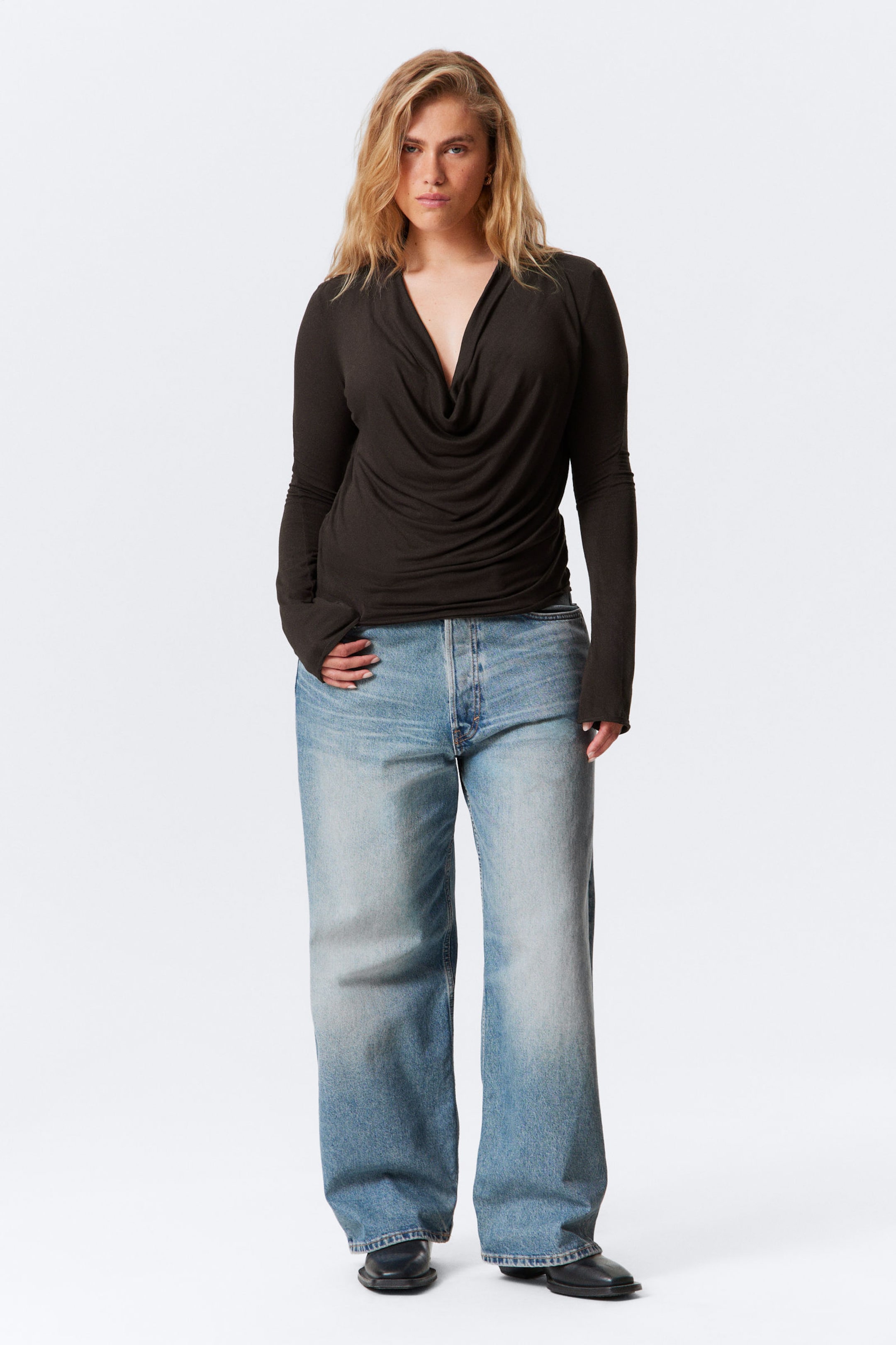 Dark Brown - Draped Long-Sleeved Top - 2