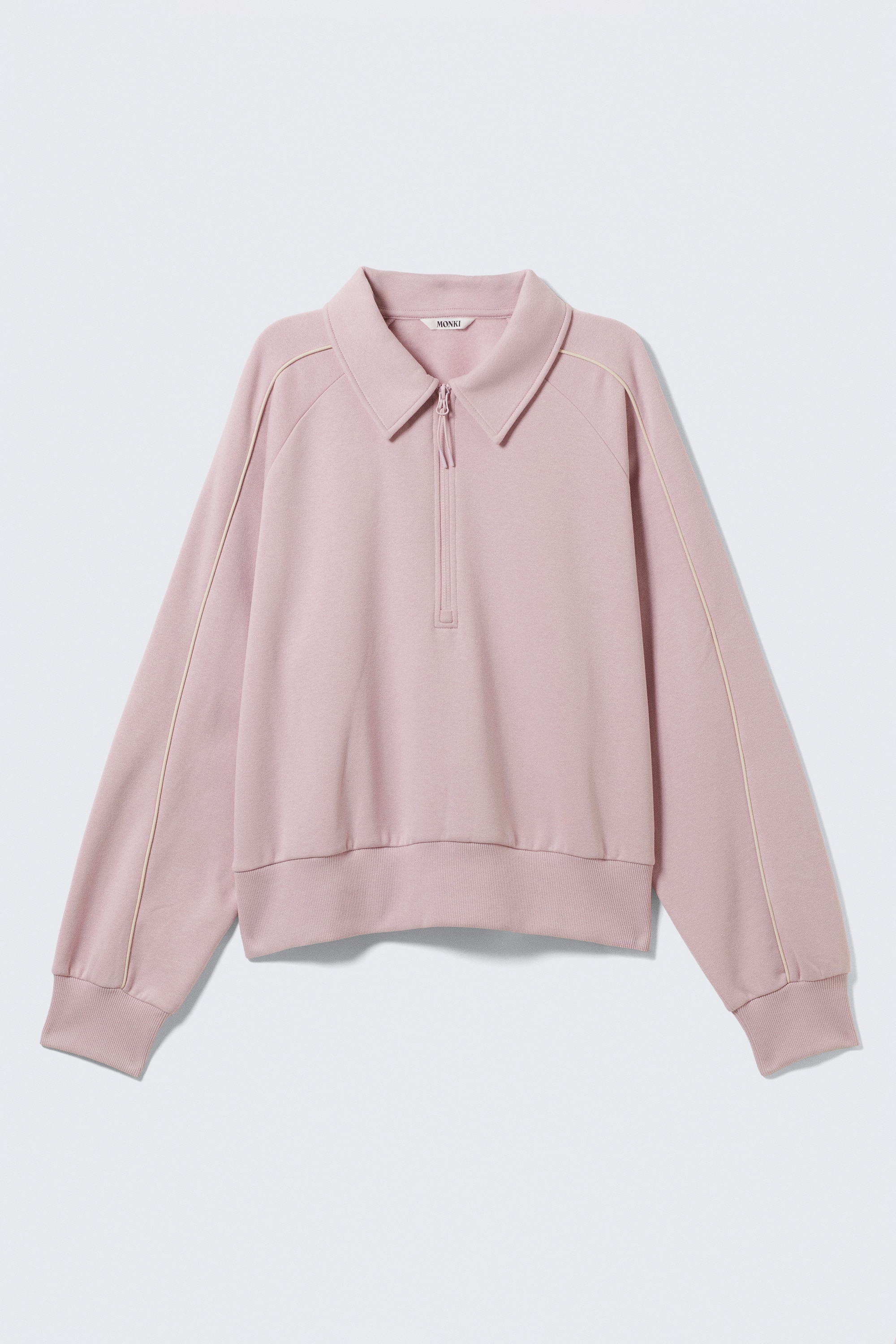 Voľná polo mikina na zips do polovice - Svetlá zaprášená ružová/Tmavohnedá