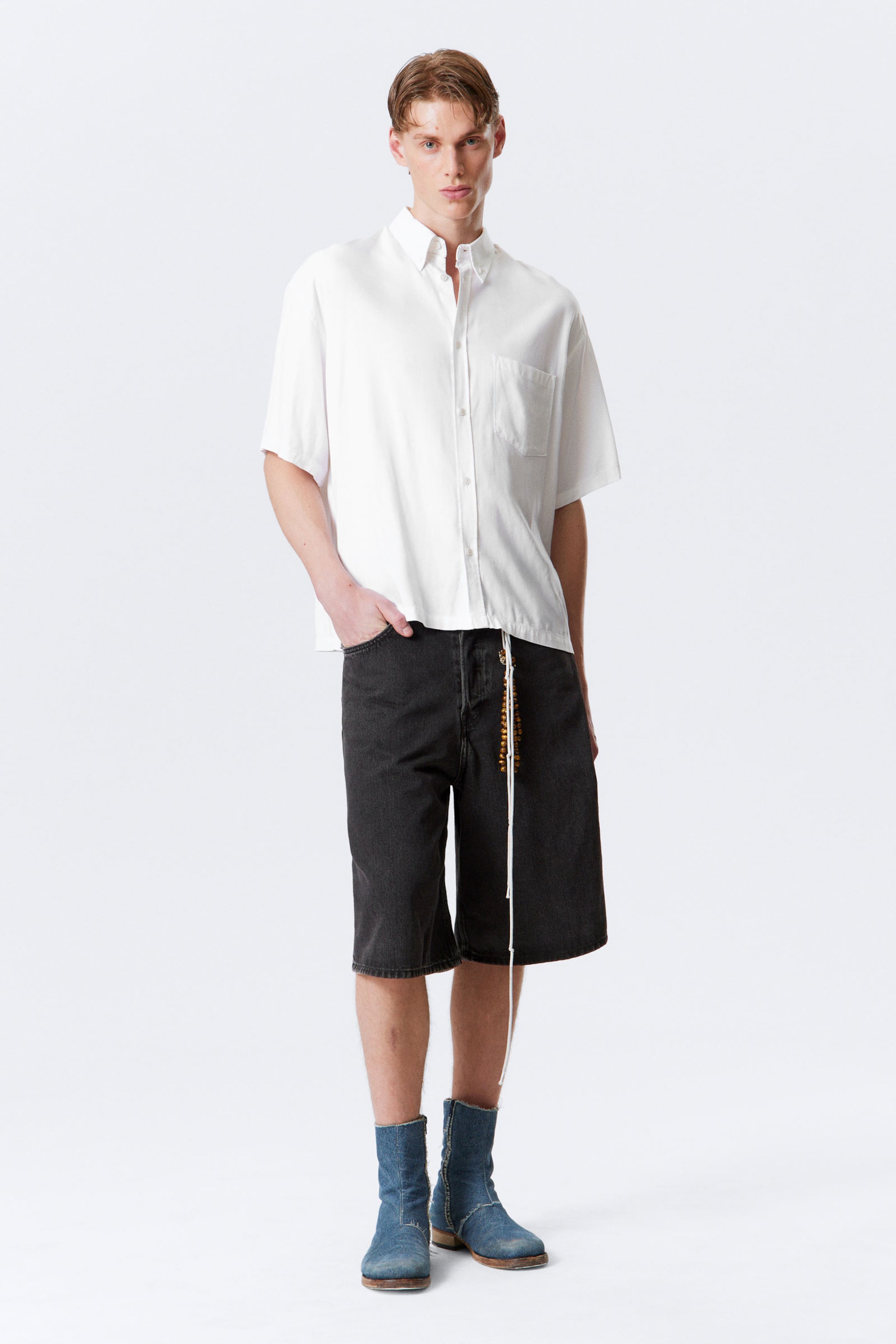 White - Oversized Draped Boxy Short-Sleeved Shirt - 2