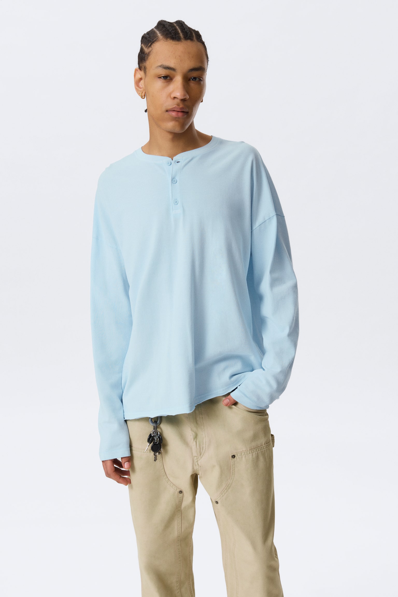 Locker geschnittenes Langarm-Henleyshirt - Hellblau/Dunkelgrau - 1