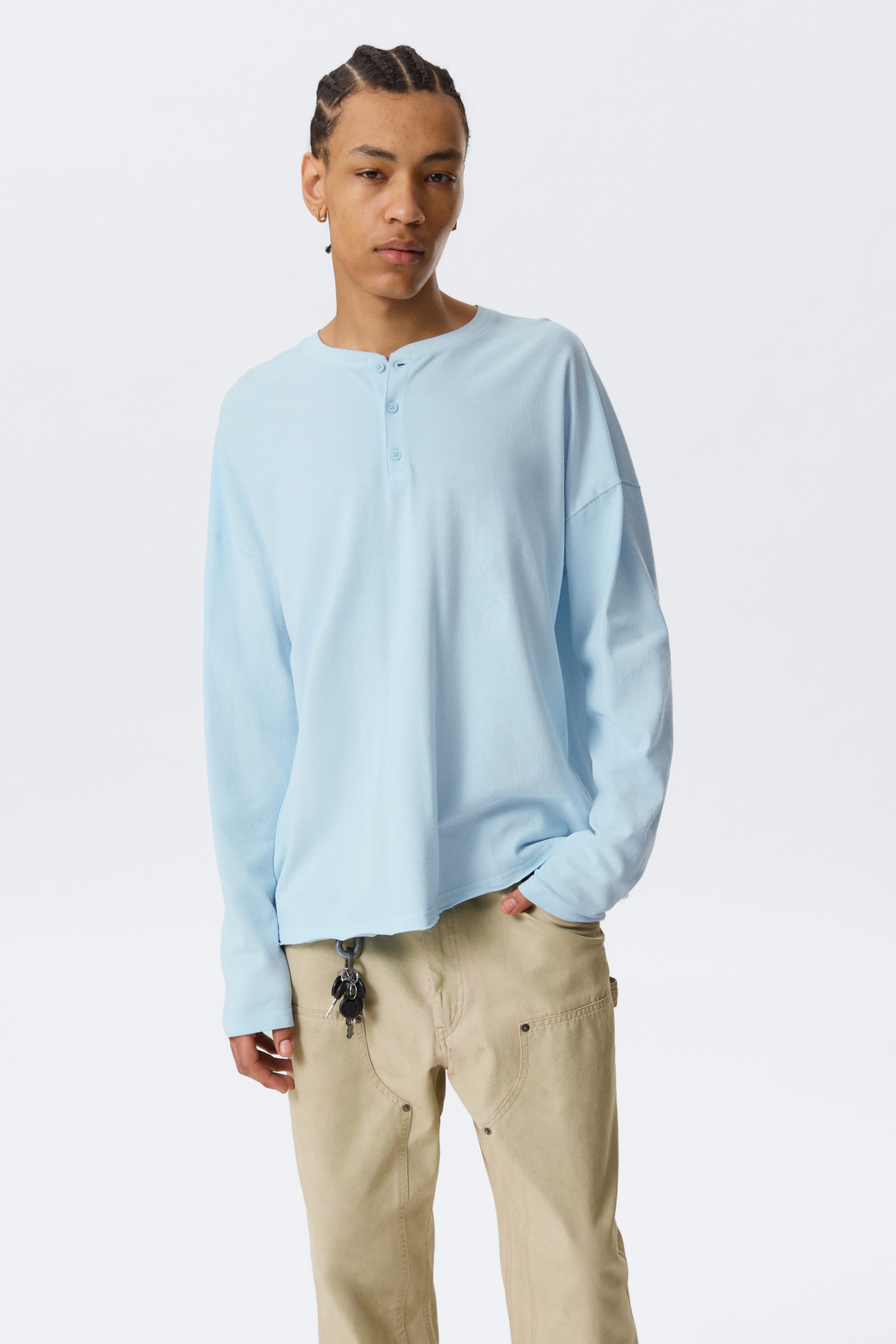 Lichtblauw - Ruimvallend henley-T-shirt met lange mouwen - 1