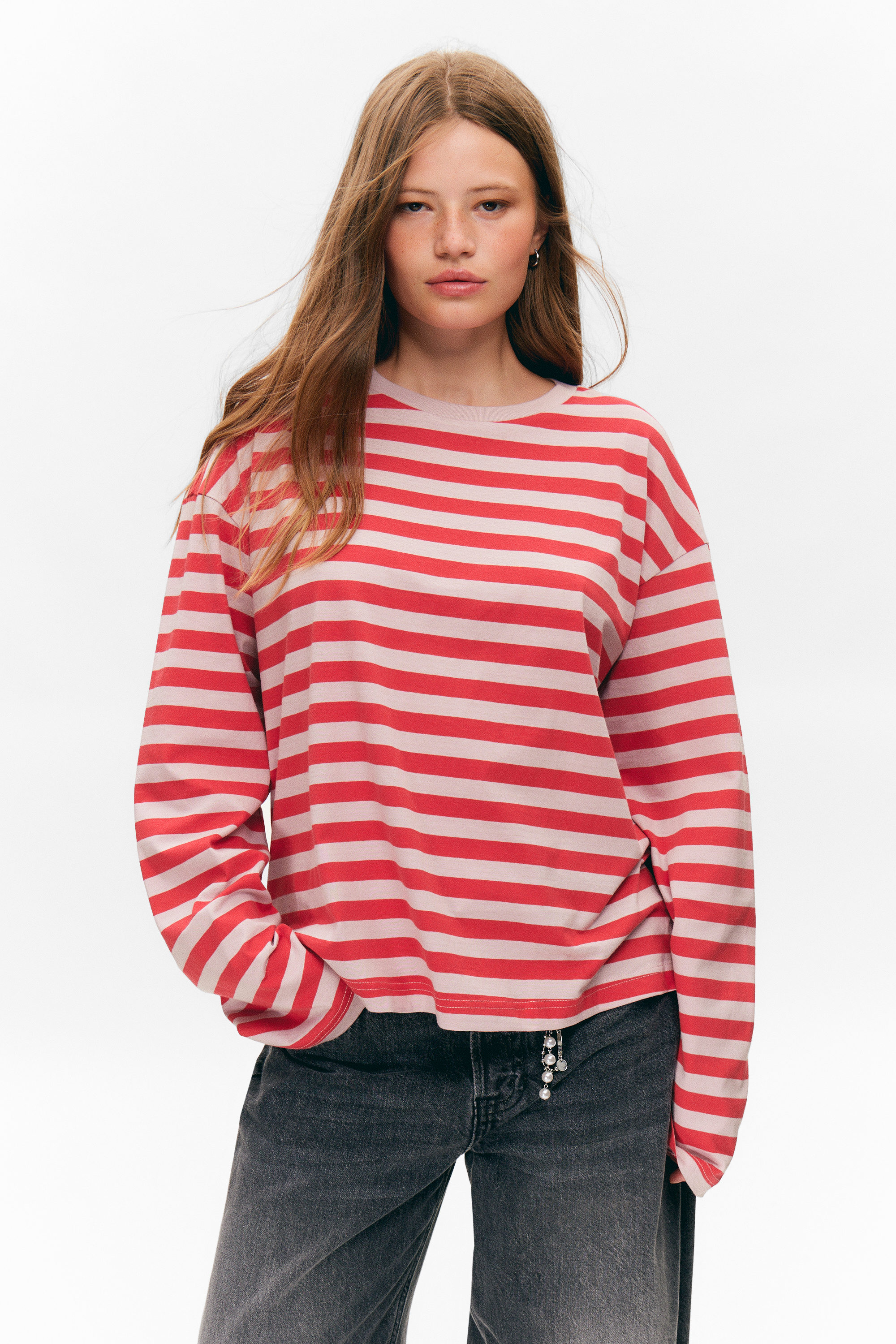 Red & Pink Stripes - Long-Sleeved Cotton T-shirt - 1