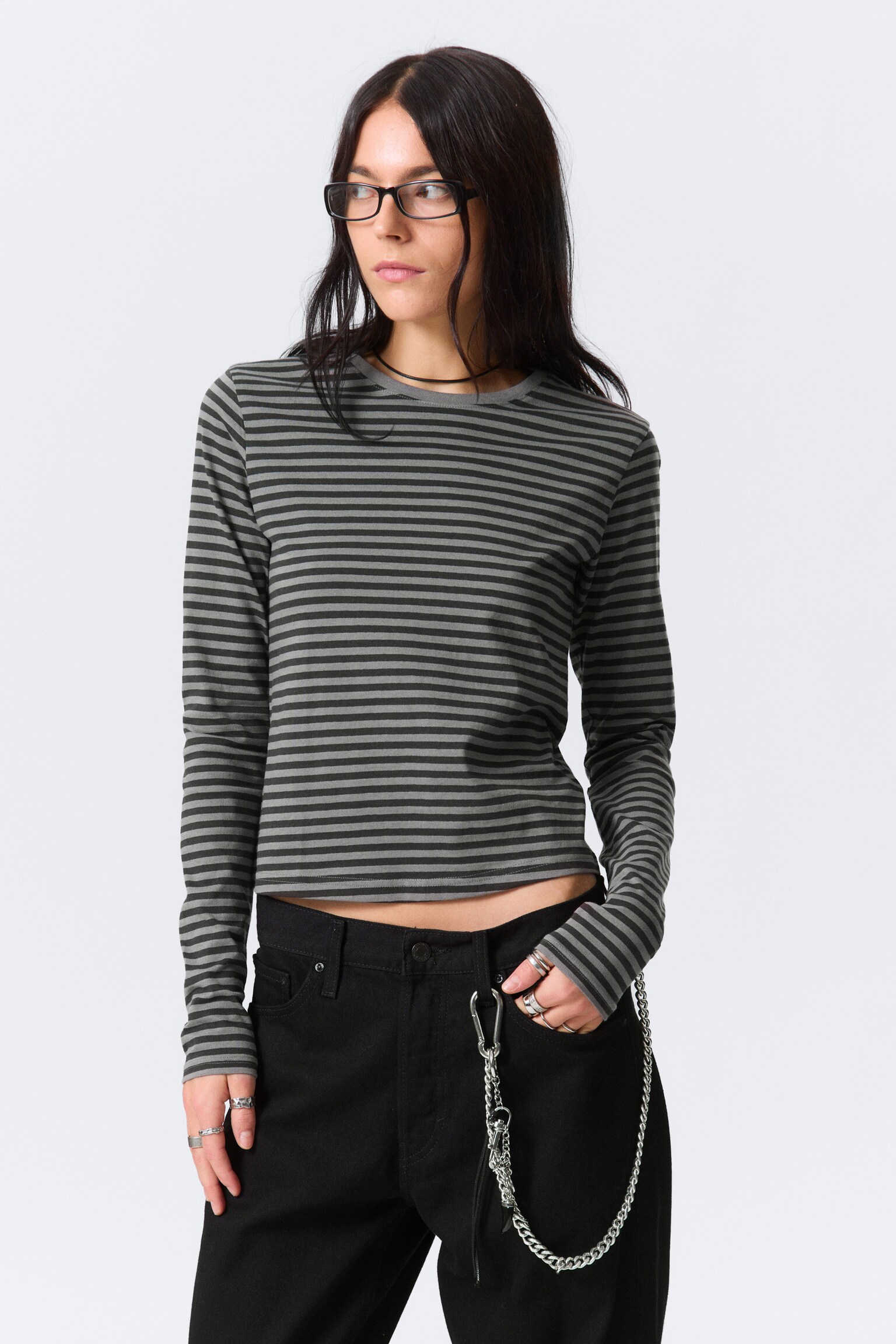 Top a maniche lunghe - Righe nere e grigie/Nero/Bianco