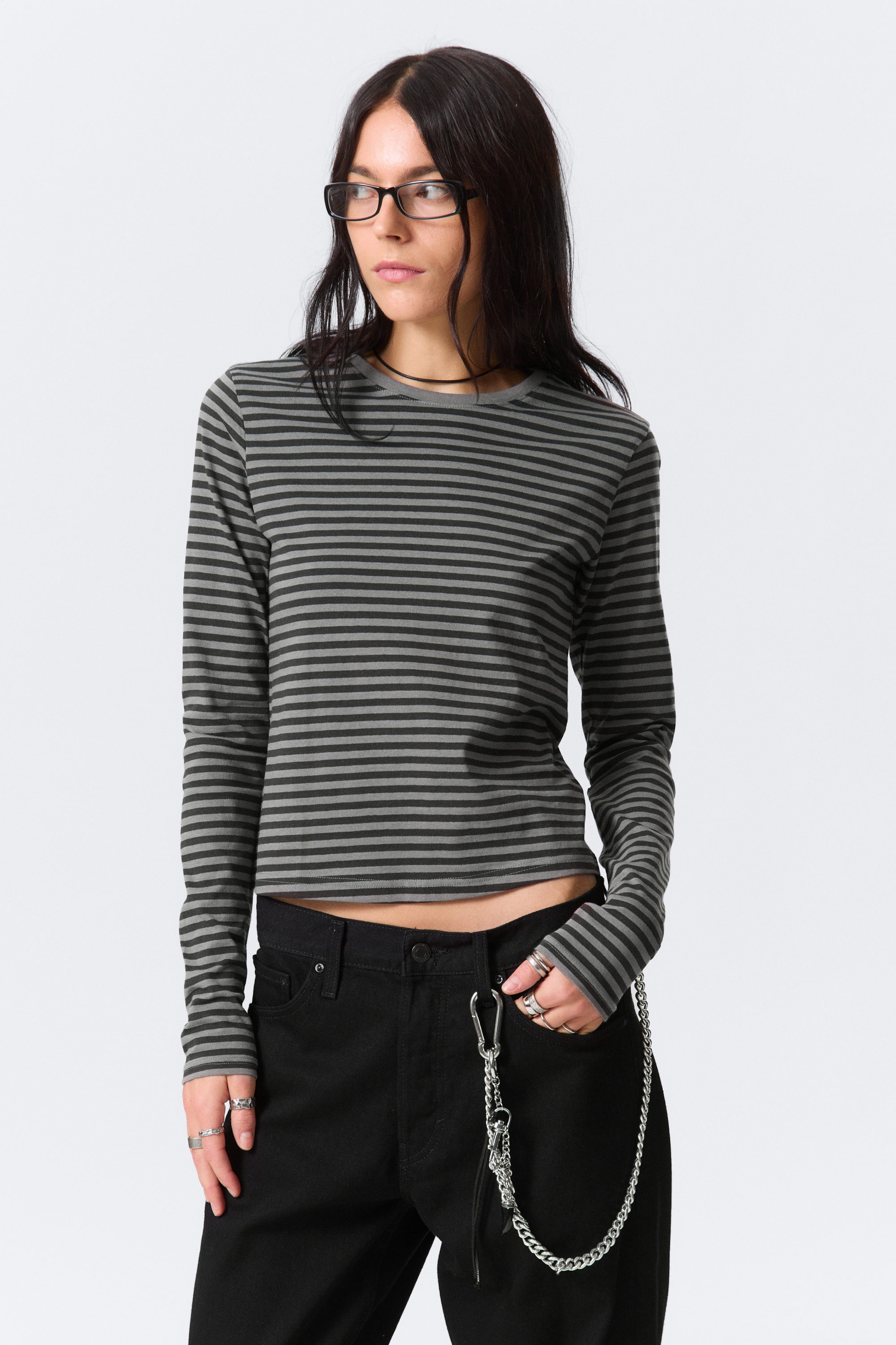 Black & Grey Stripes - Slim Long-Sleeved Cotton Top - 1