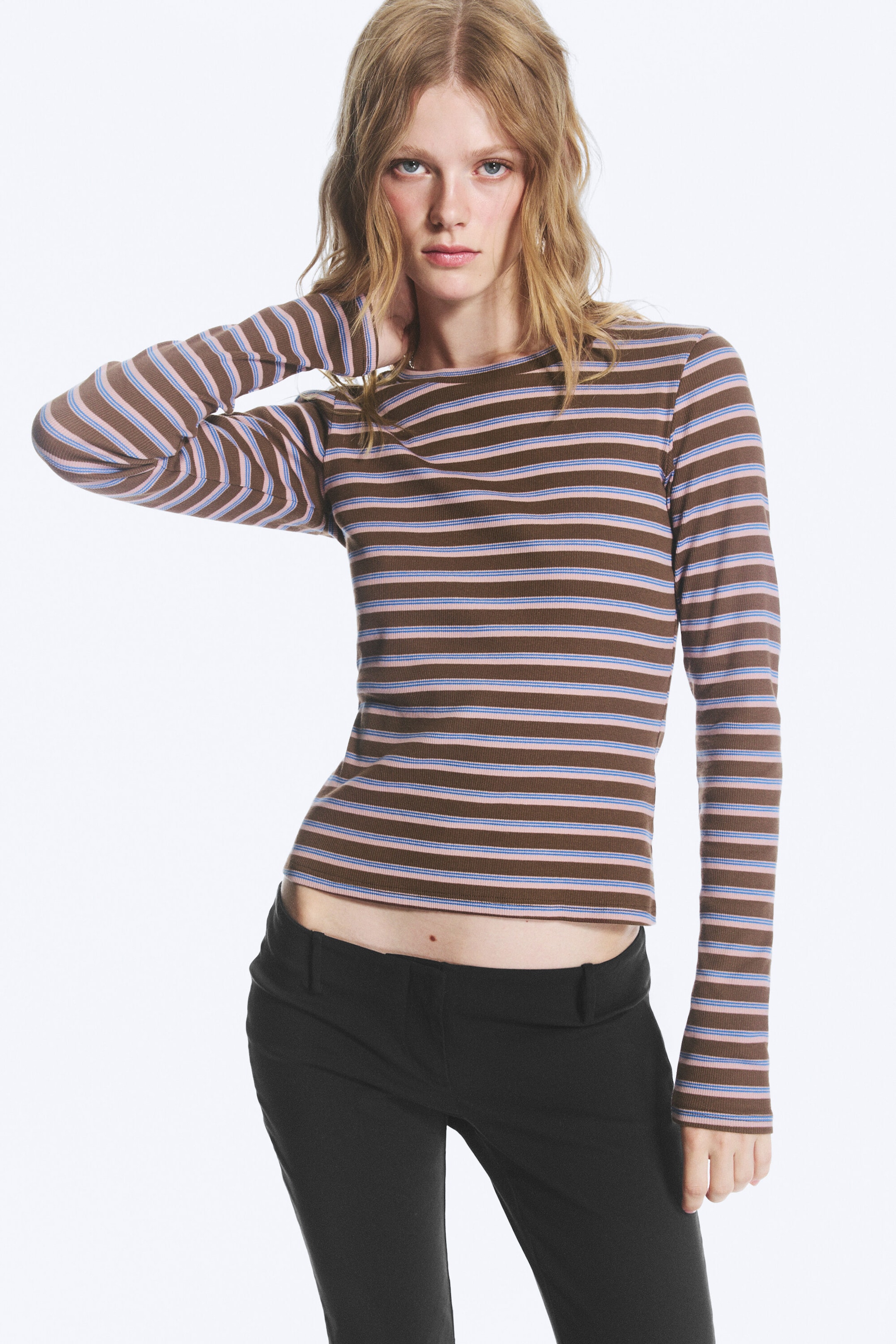 Braun/Blau/Pink gestreift - Enges, geripptes Longsleeve - 1