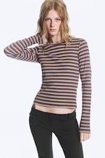Braun/Blau/Pink gestreift - Enges, geripptes Longsleeve - 1