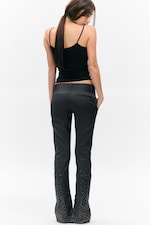 Dark Grey - Rhinestones - Low Rise Zip-Hem Satin Rhinestone Trousers - 2