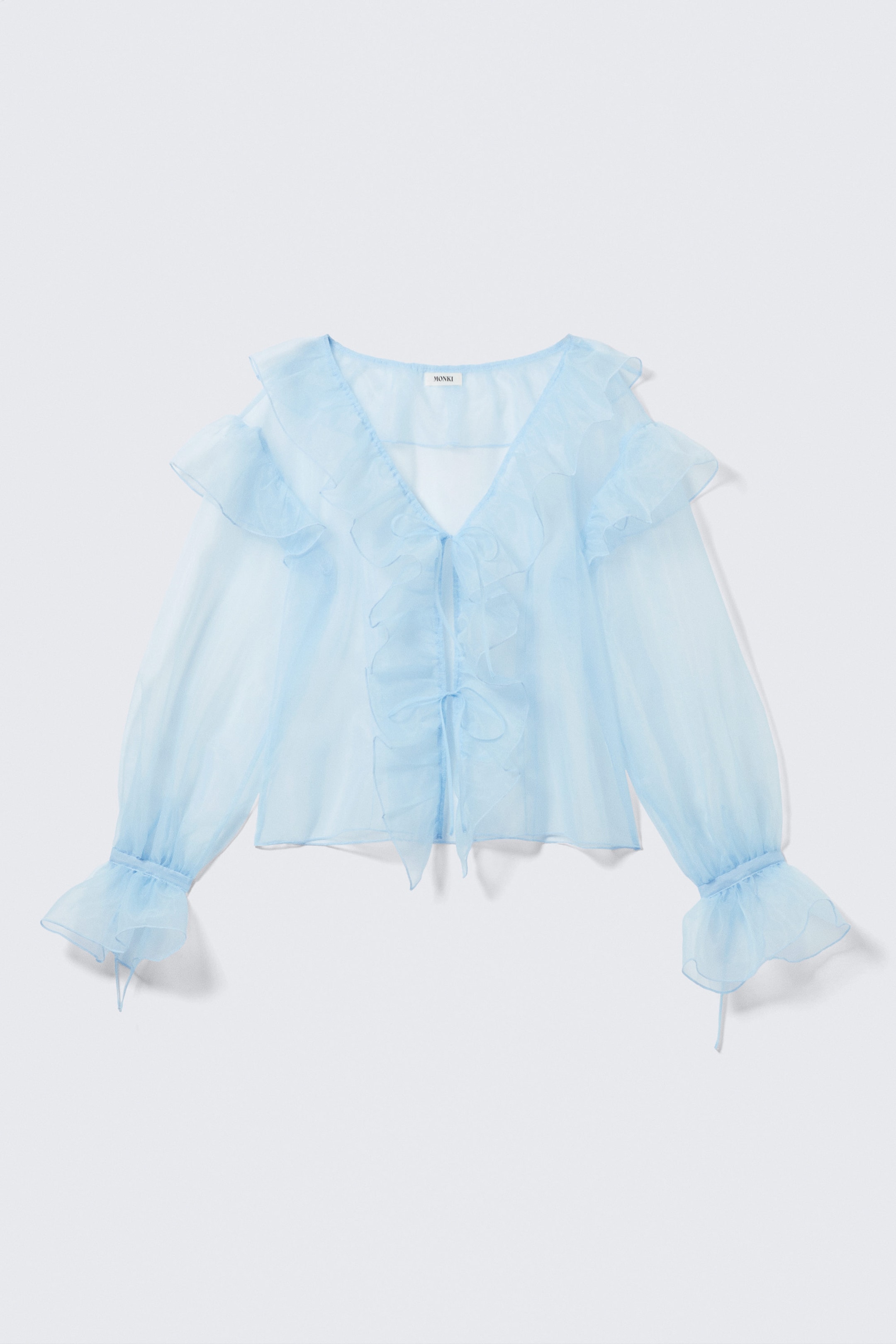 Light Blue - Transparent Frilled V-neck Blouse - 5