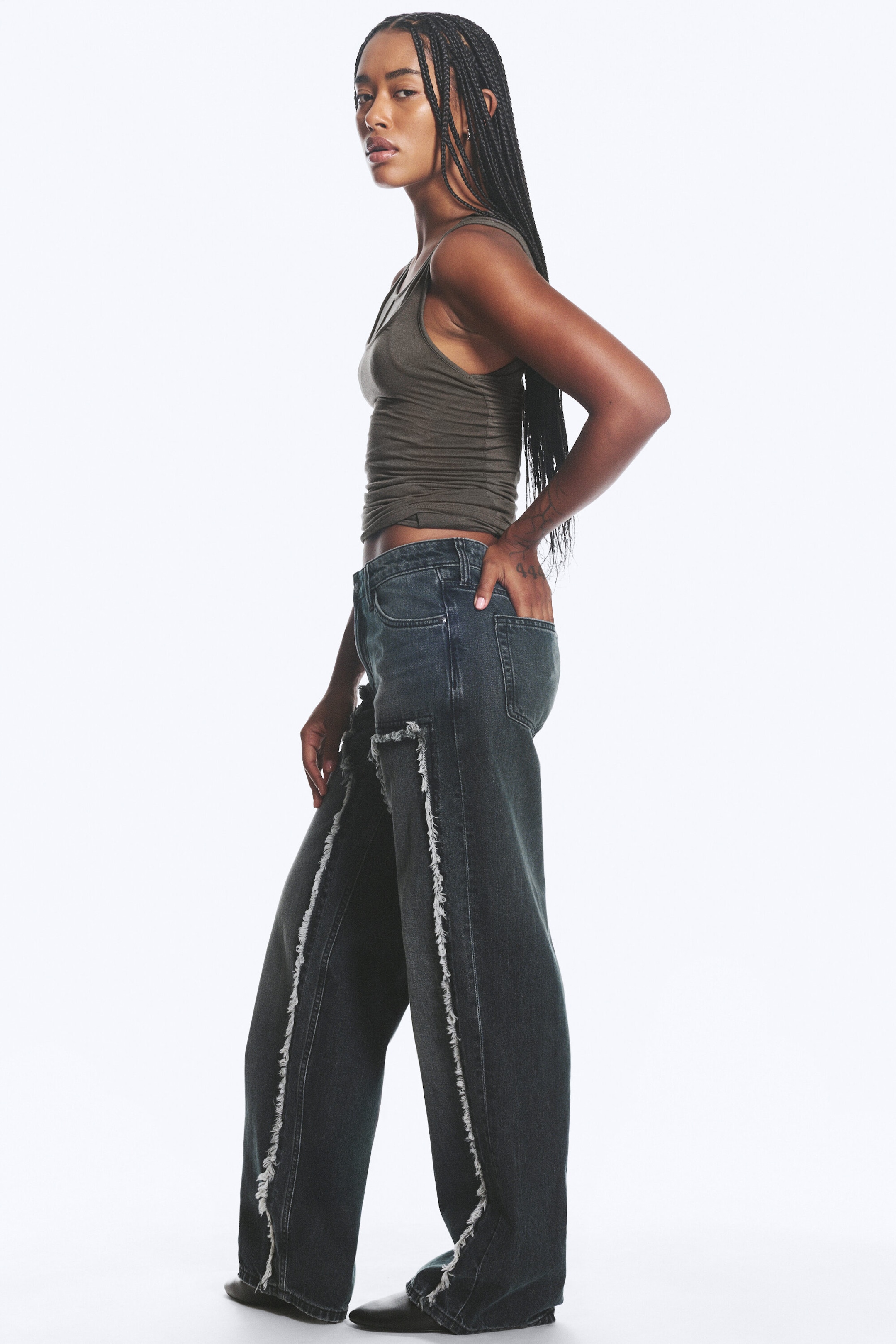 Kimberly Blue - Dark Blue - Ample Frayed Low Rise Loose Wide Jeans - 2