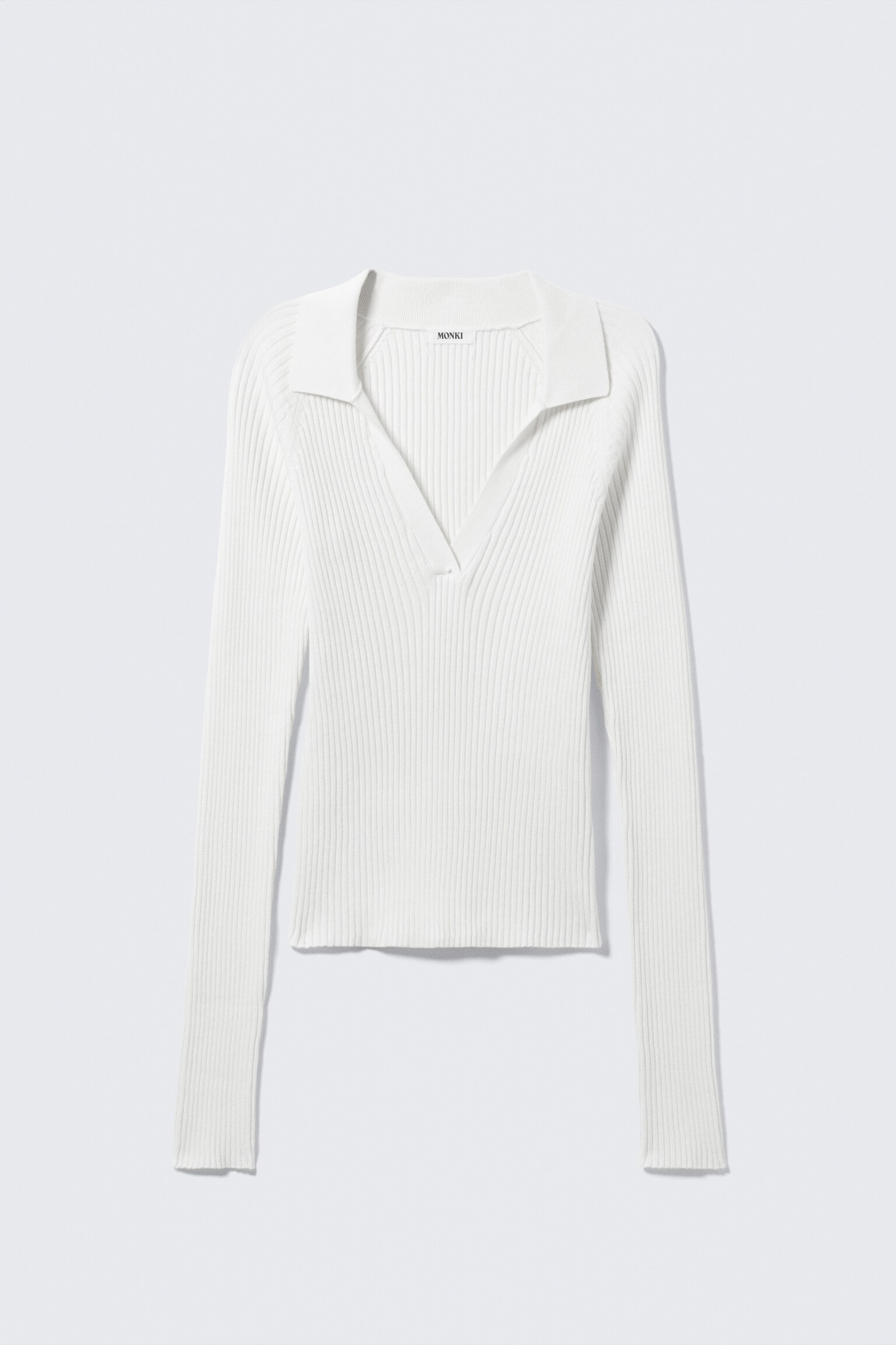Long-Sleeved Ribbed Knit V-Neck Top - White/Green - 2