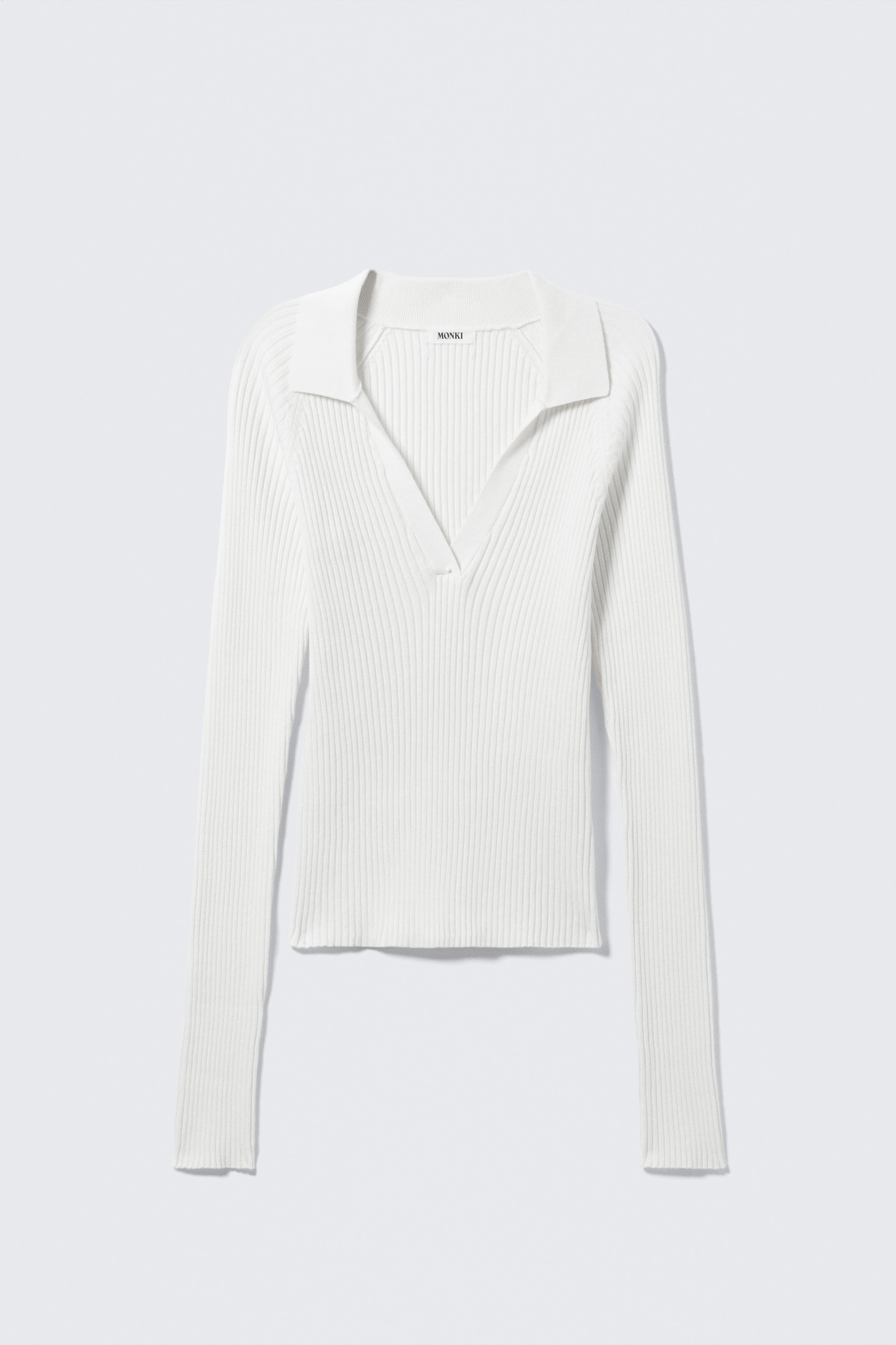 Long-Sleeved Ribbed Knit V-Neck Top - White/Green - 2