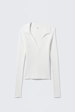 White - Long-Sleeved Ribbed Knit V-Neck Top - 0