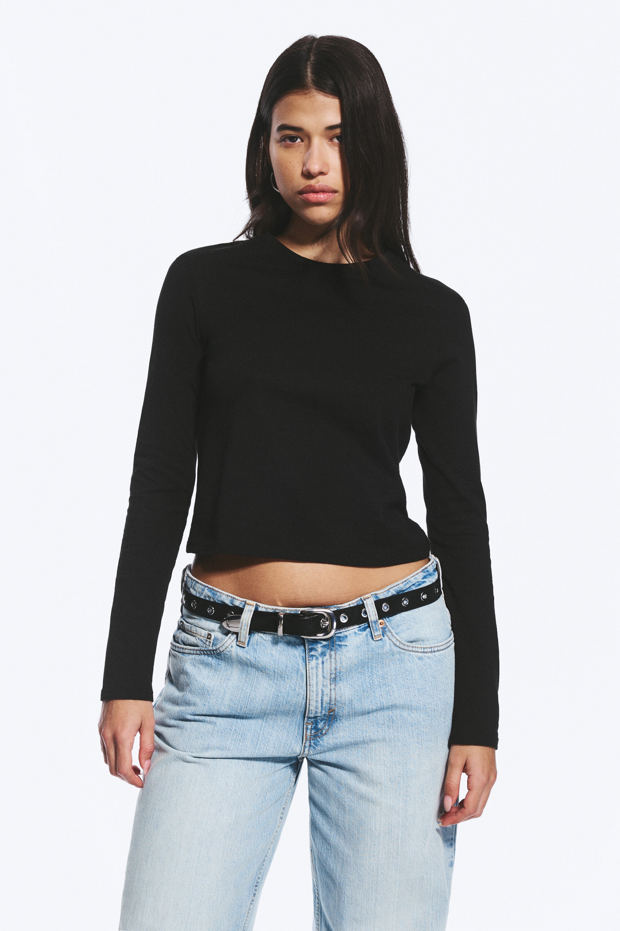 Black - Slim Long-Sleeved Cotton Top - 2