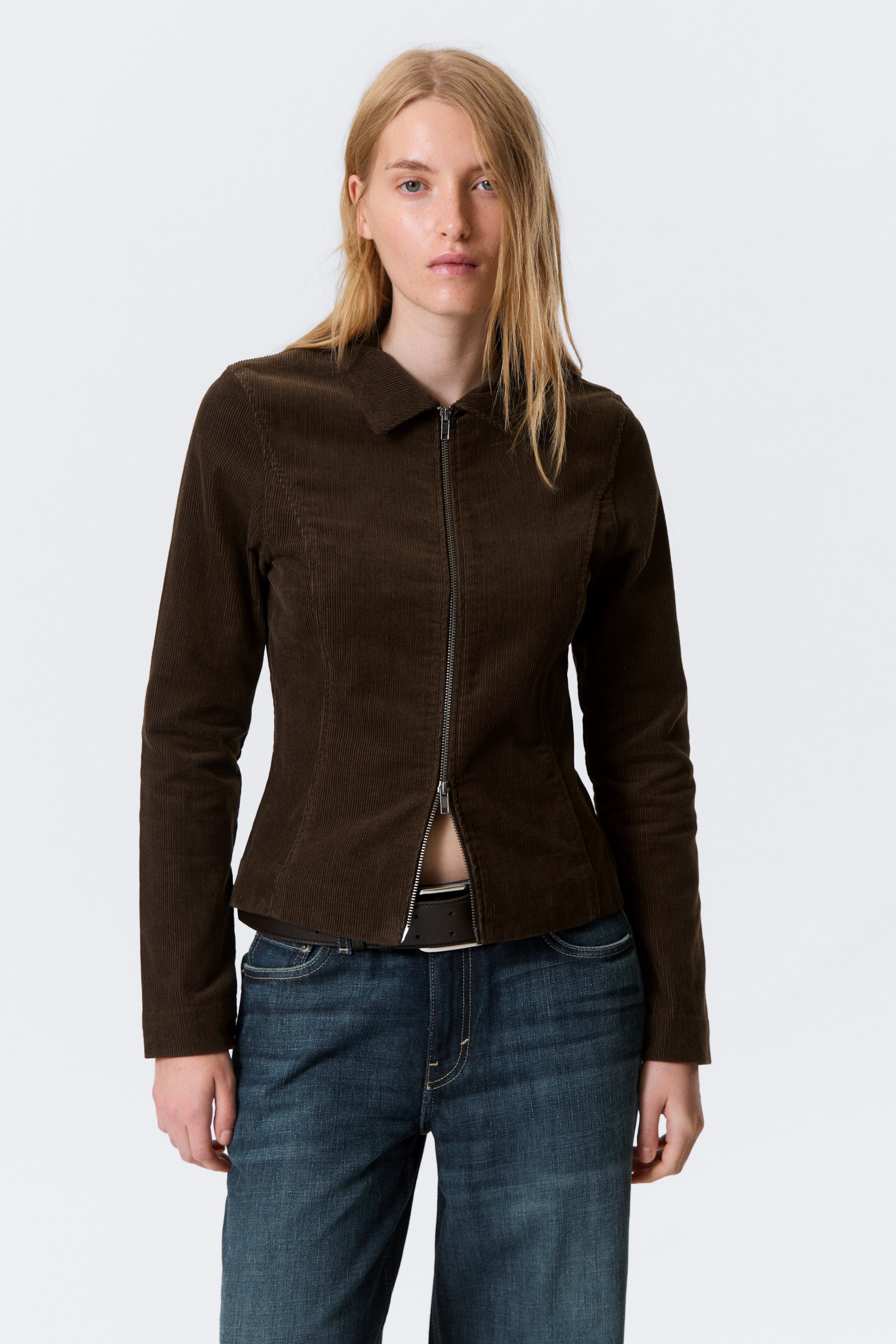 Brown Corduroy - Fitted Corduroy Zip-Up Jacket - 2