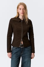 Brown Corduroy - Fitted Corduroy Zip-Up Jacket - 2
