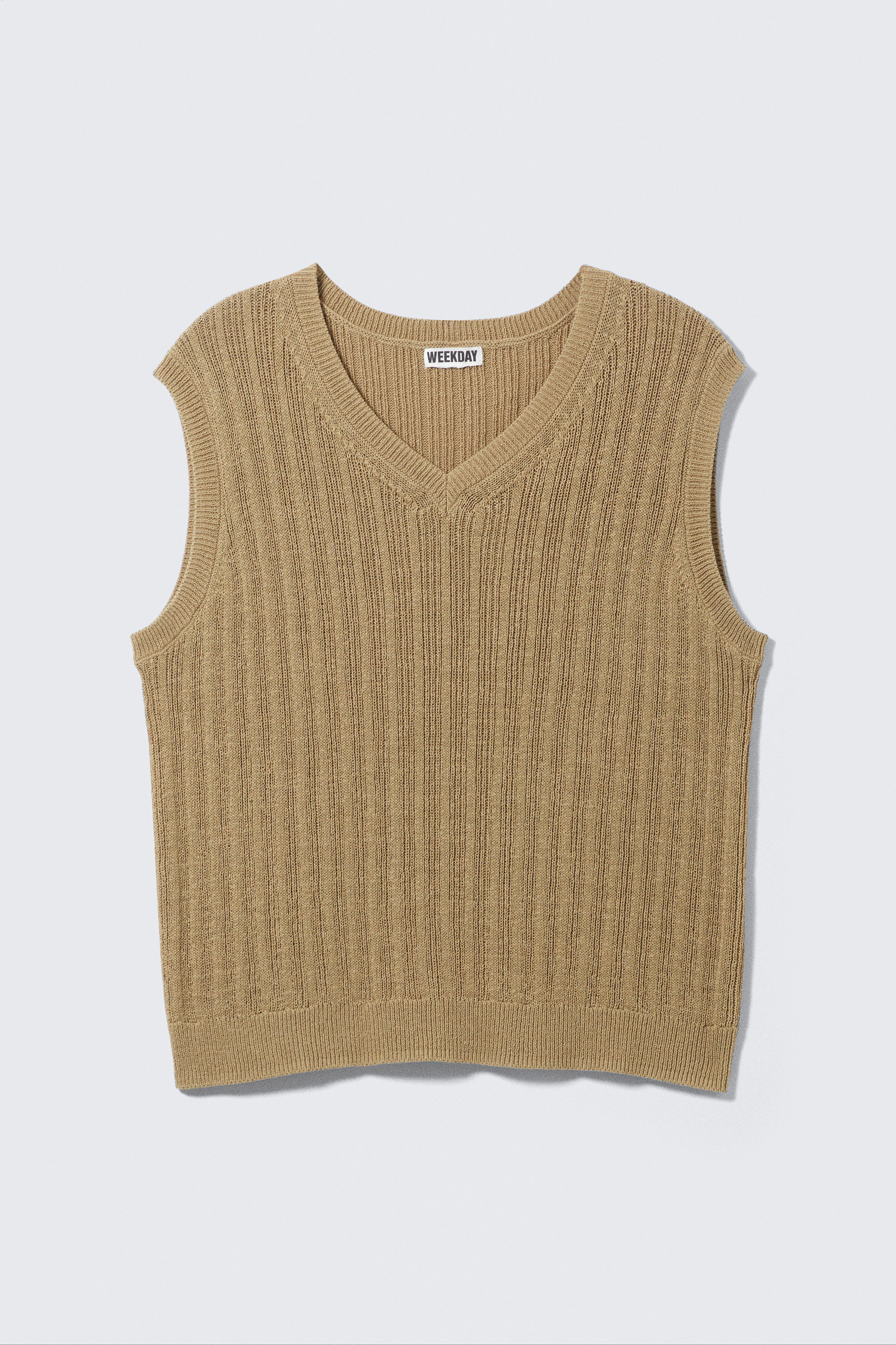 Beige - Gerippte Strickweste mit V-Ausschnitt - 3
