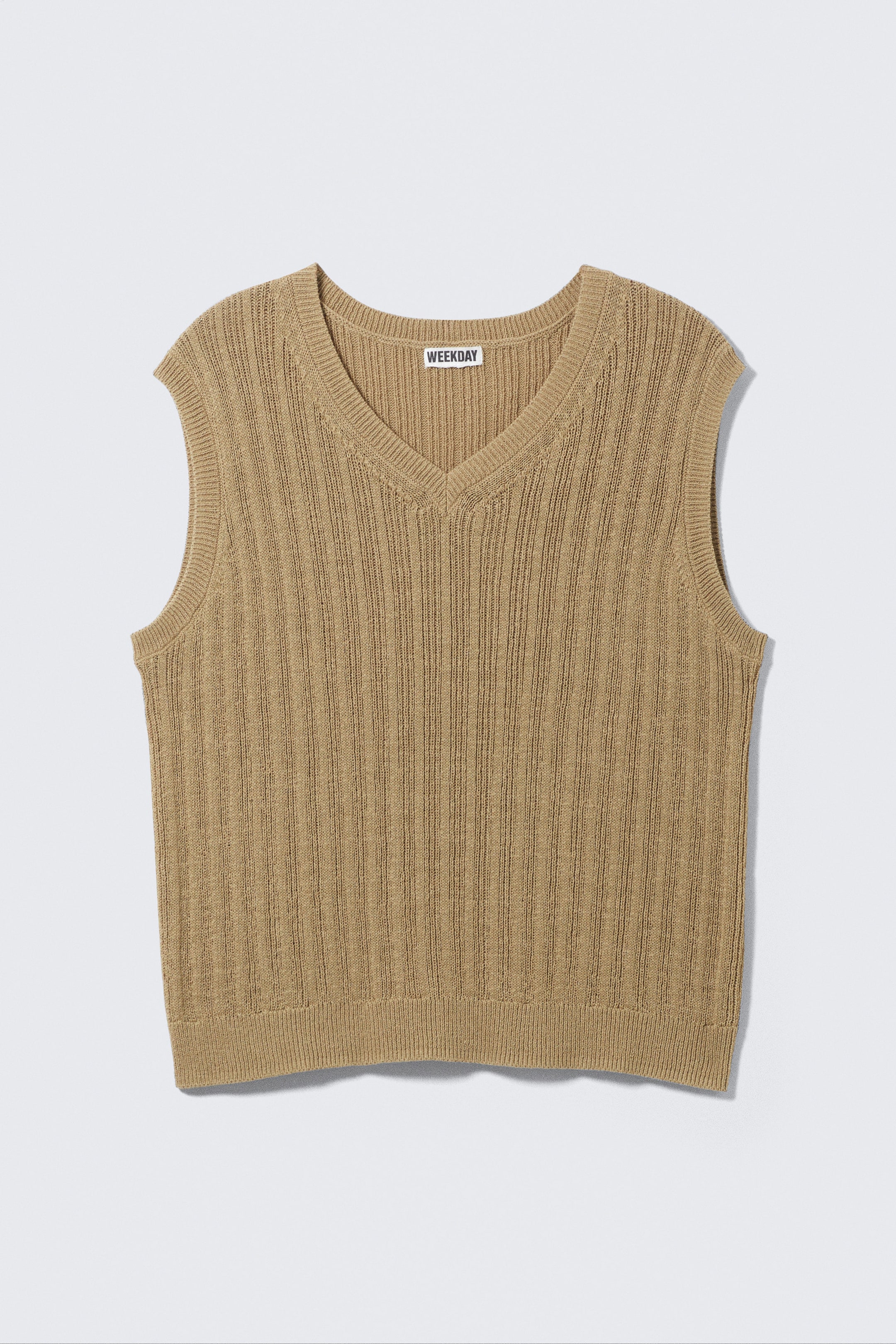 Beige - Ribbed Knitted V-neck Vest - 1