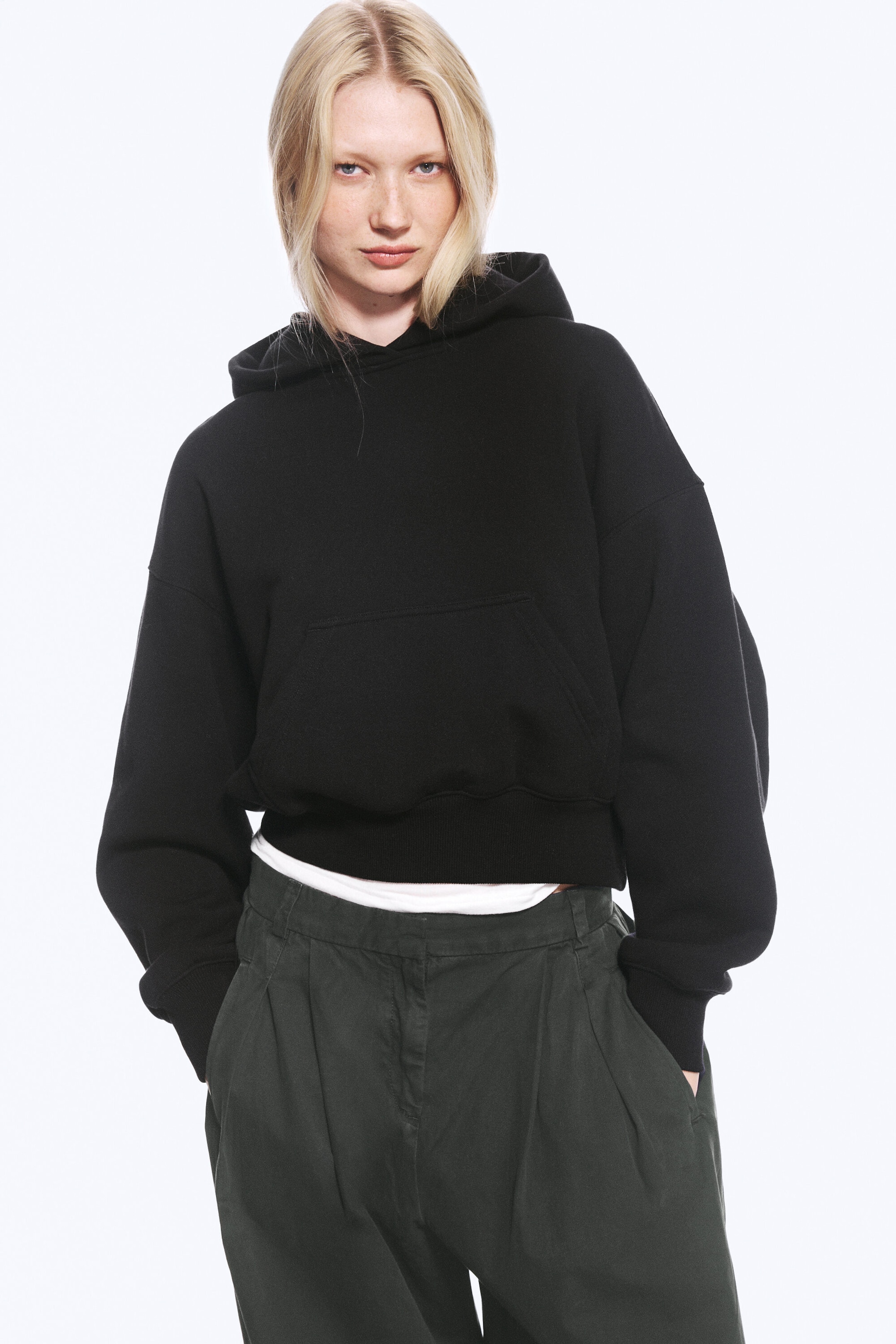 Black - Boxy Cotton Fleece Hoodie - 2