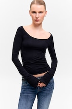 Black - Long-Sleeved Slim Fit Scoop Neck Top - 0