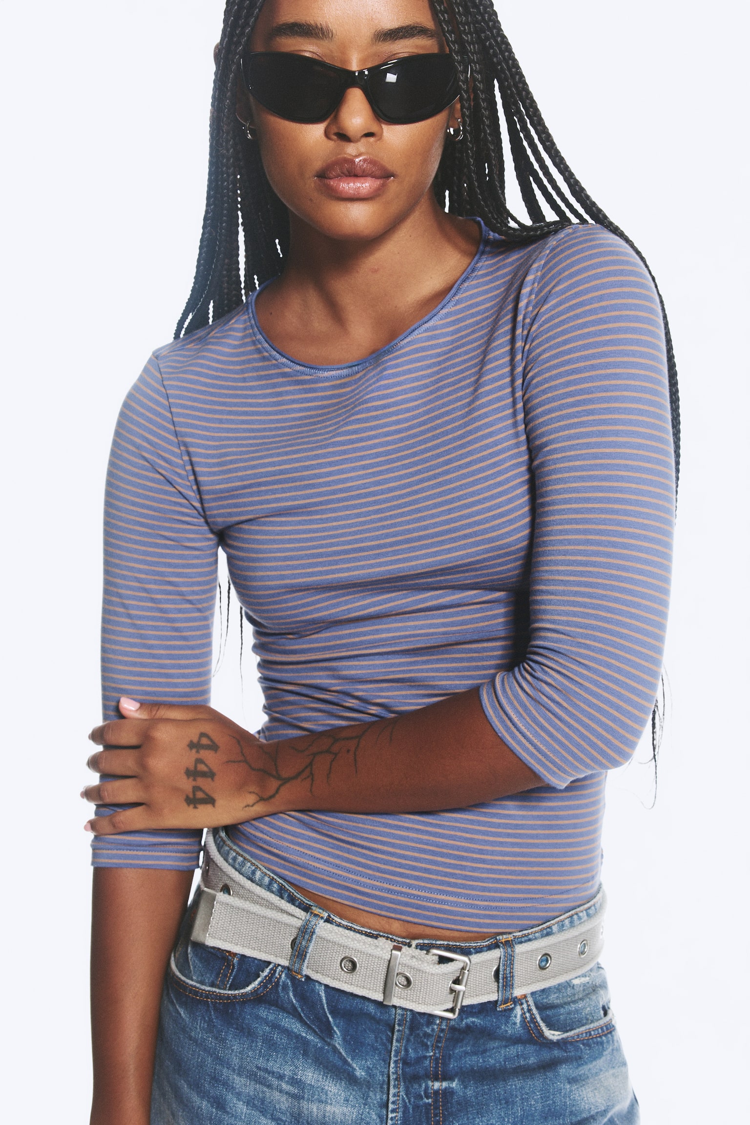 Fitted Three-Quarter Sleeve Top - Randig Dimblå/Ljus Dimblå/Vit/Svart - 1