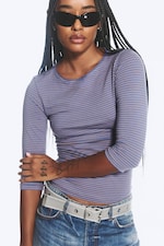 Striped Dusty Blue - Fitted Three-Quarter Sleeve Top - 0