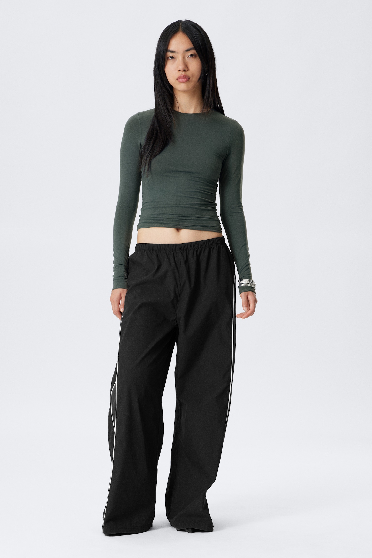 Slim Fit Long-Sleeved Lyocell Top - Petrol/Light Blue-ish Grey/Black - 3