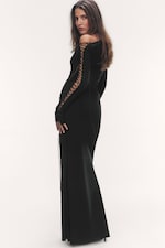 Schwarz - Schulterfreies Maxikleid mit Schnürung - 3