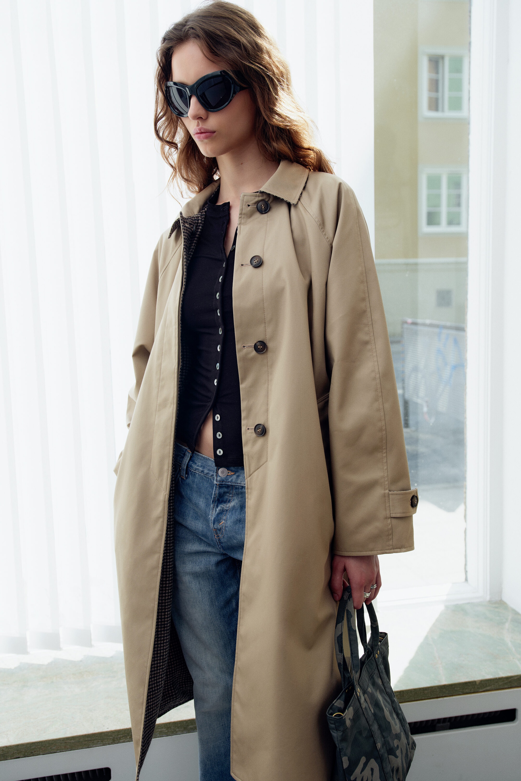 Dusty Beige + Dogtooth - Oversized Reversible Car Coat - 2