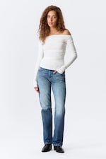 Wit - Off-shoulder top met lange mouwen en rimpeleffect - 1