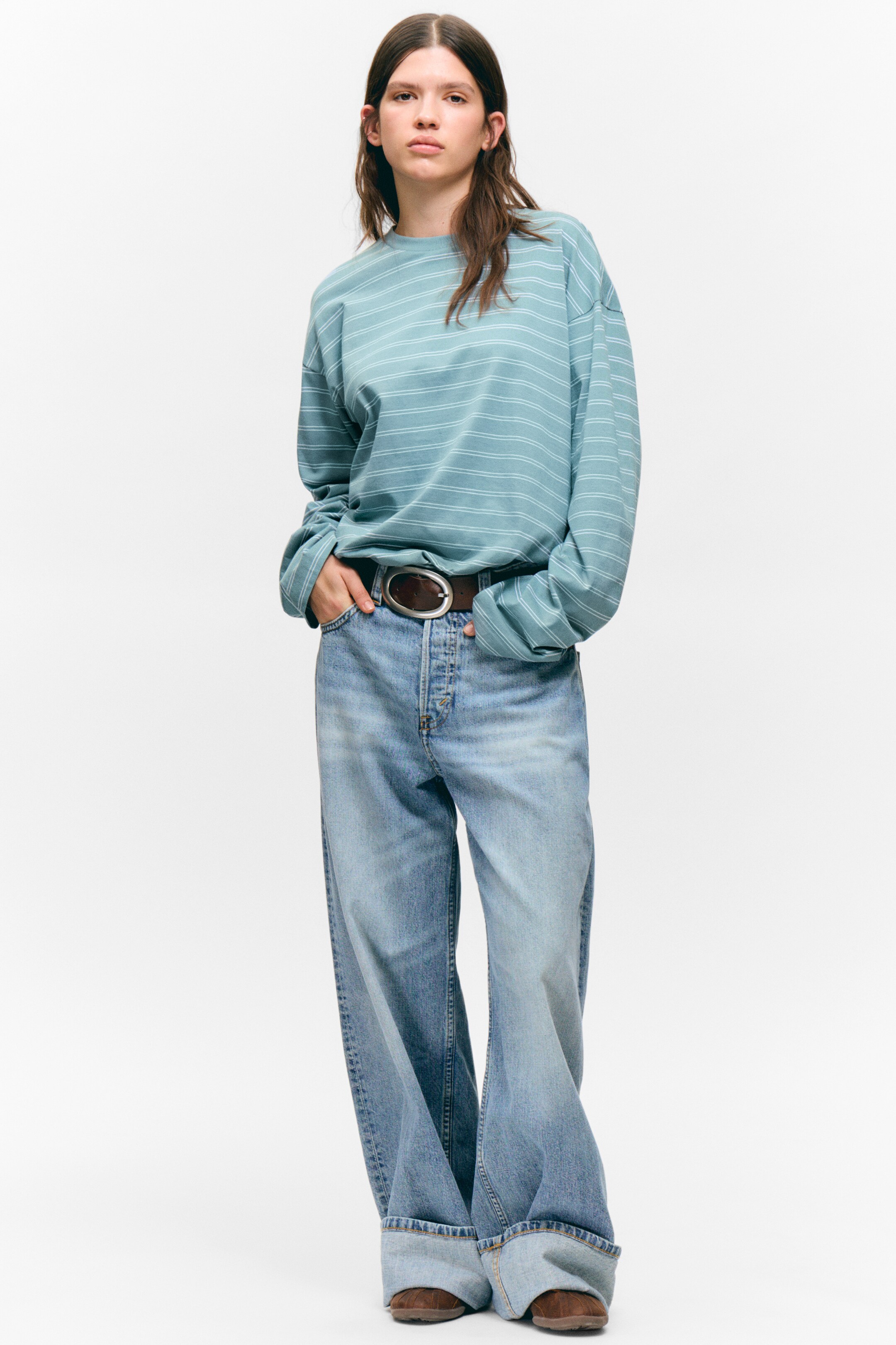 Ingrandisci l'immagine: Long-Sleeved Cotton T-shirt - Striped Turquoise - DONNA | H&M CH 1