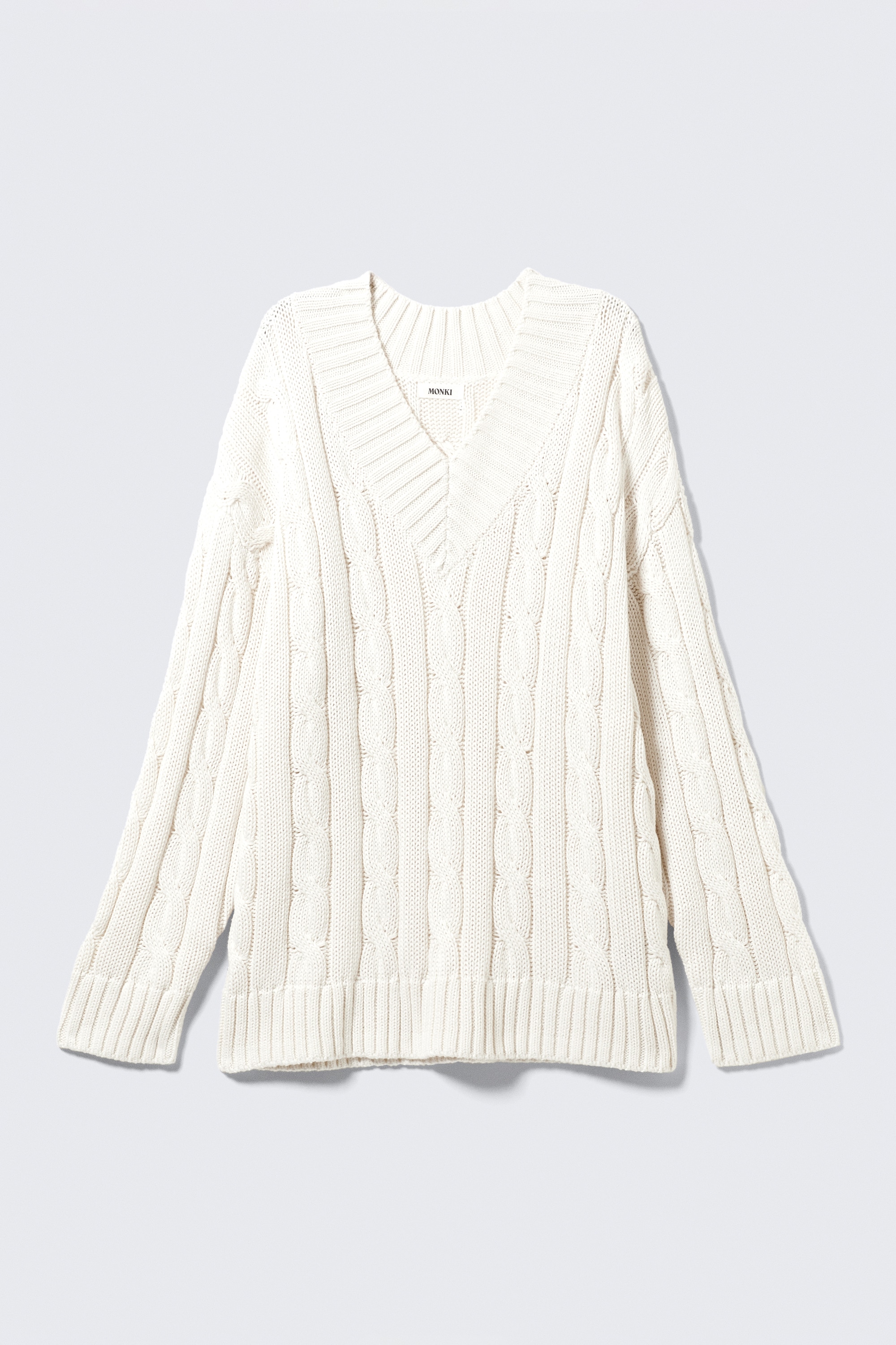 Cable Knit V-Neck Sweater - Blanc/Rose poudré