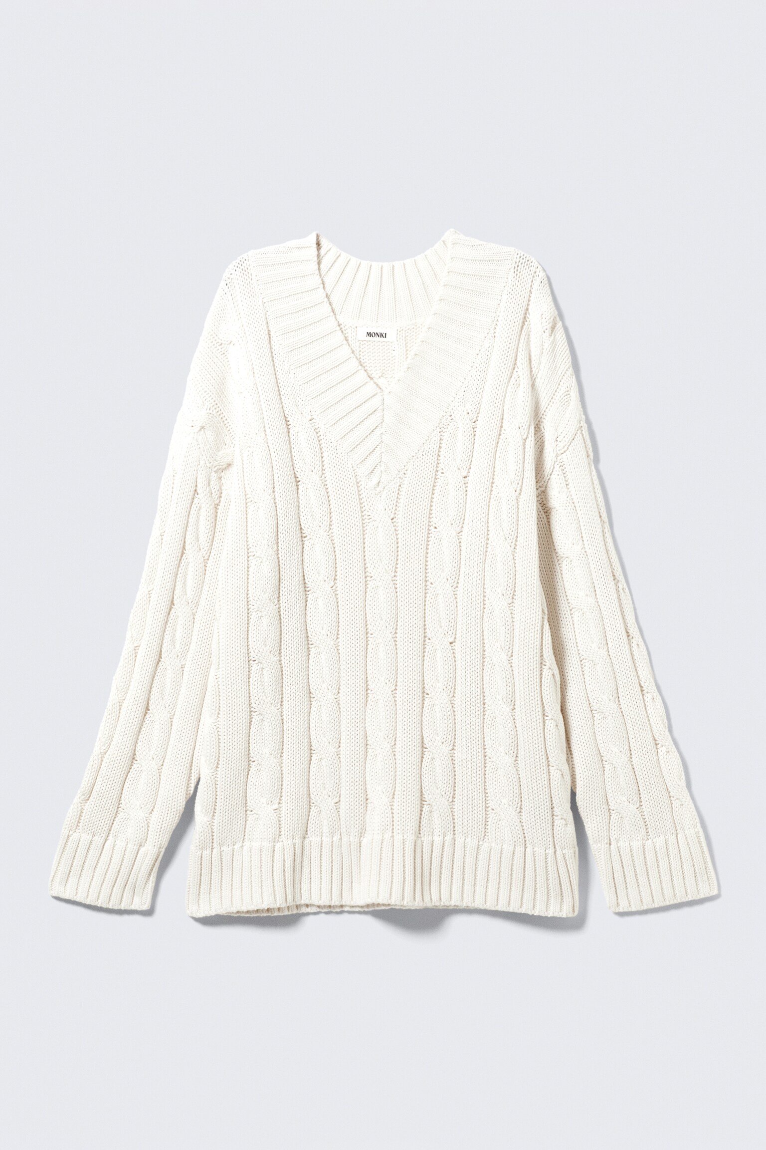Cable Knit V-Neck Sweater - White/Dusty Pink - 2