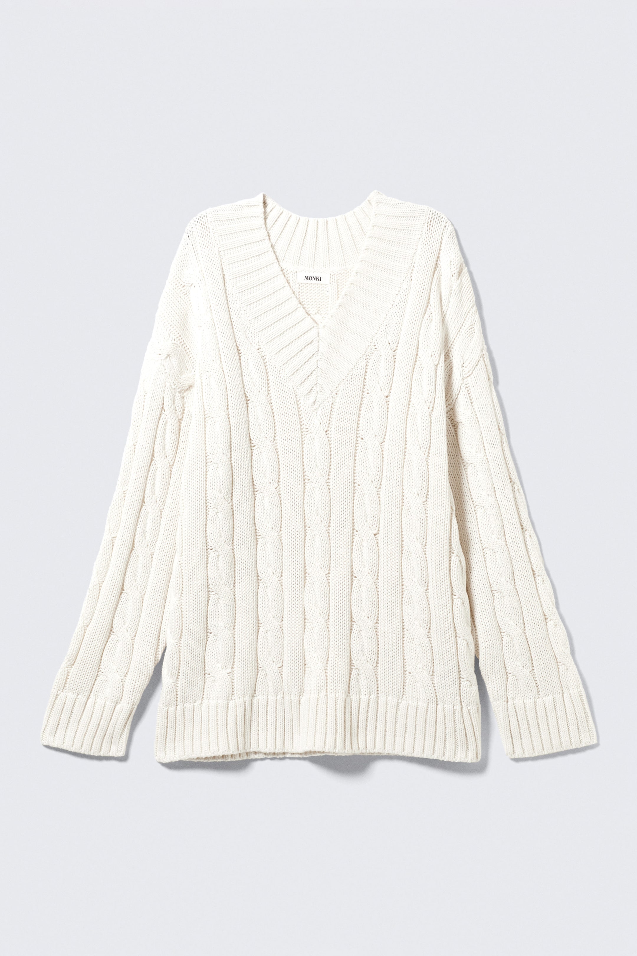 Vit - V-ringad flätstickad tröja - 1