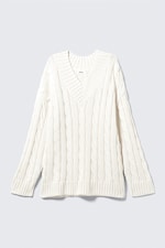 White - Cable Knit V-Neck Sweater - 0