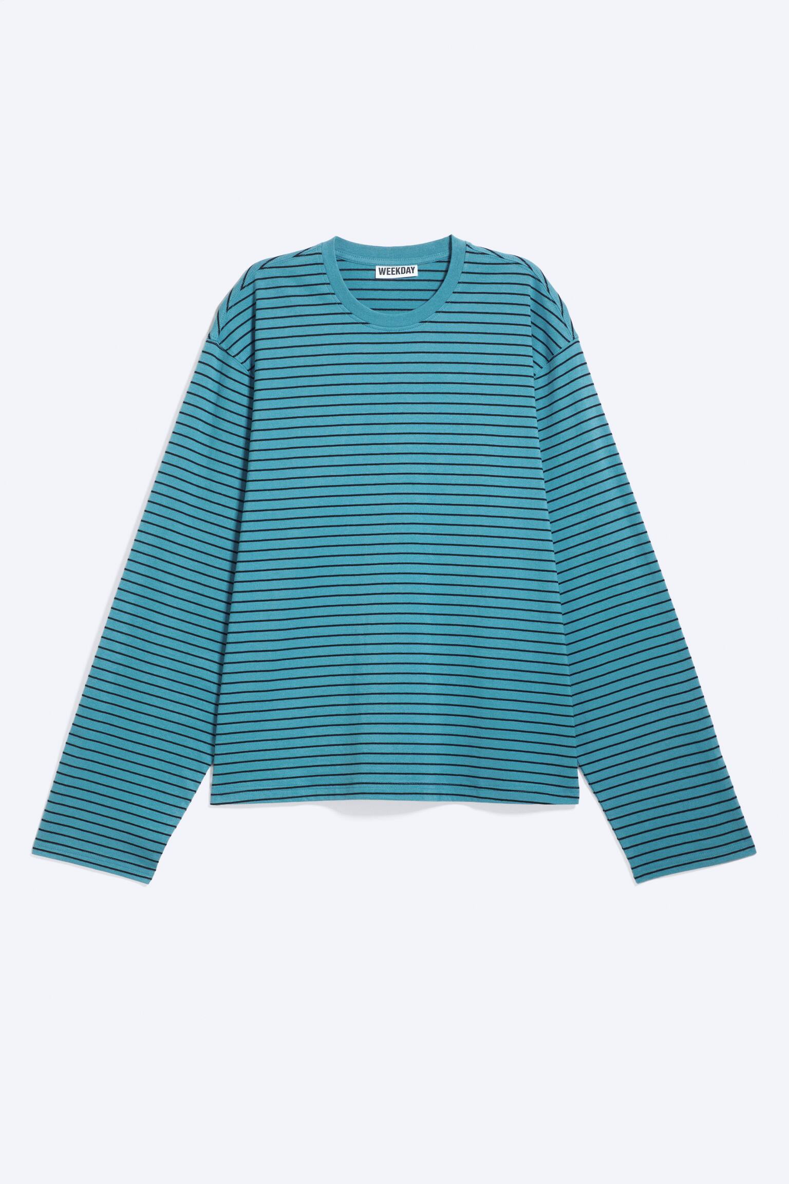 Camisa de algodão de mangas compridas quadrada - Riscas Turquesa/Preto/Branco/Preto - 1