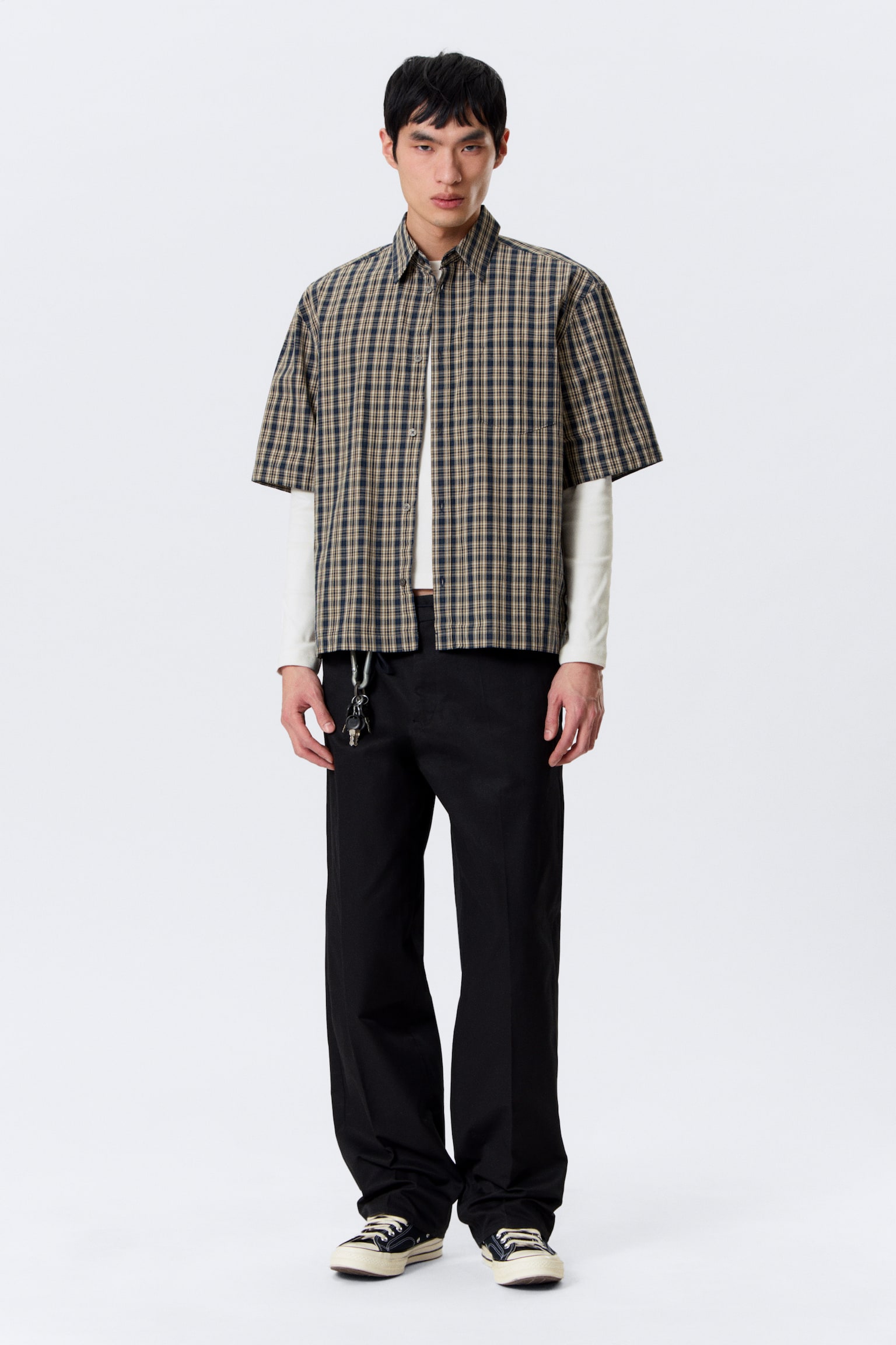 Chemise coton manches courtes coupe décontractée - Beige - Bleu marine à carreaux/Rayures bleu et blanc/Marron à carreaux - 5