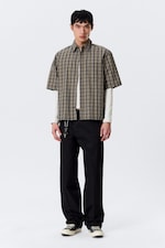 Beige - Navy Blue Check - Relaxed Fit Short-Sleeved Cotton Shirt - 1