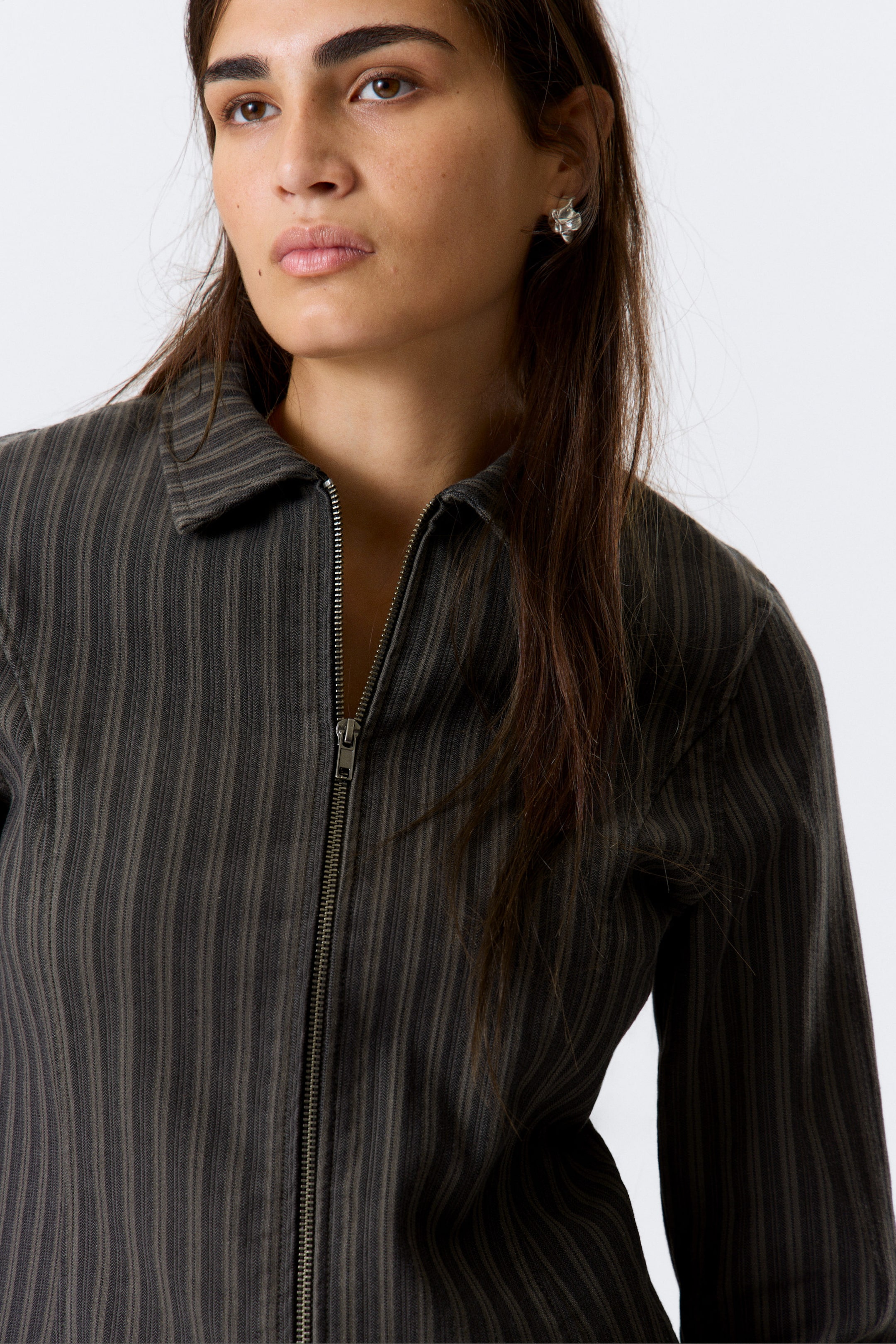 Striped Dark Grey - Fitted Corduroy Zip-Up Jacket - 2