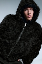 Svart - Fuskpälsjacka med huva - 3